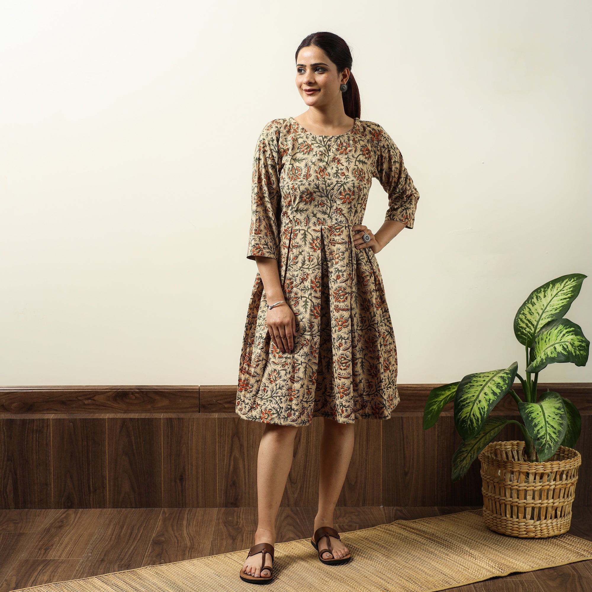 ITOKRI CASUALS Beige - Kalamkari Block Printed Cotton Flared Gher Short Dress 08 - view 2