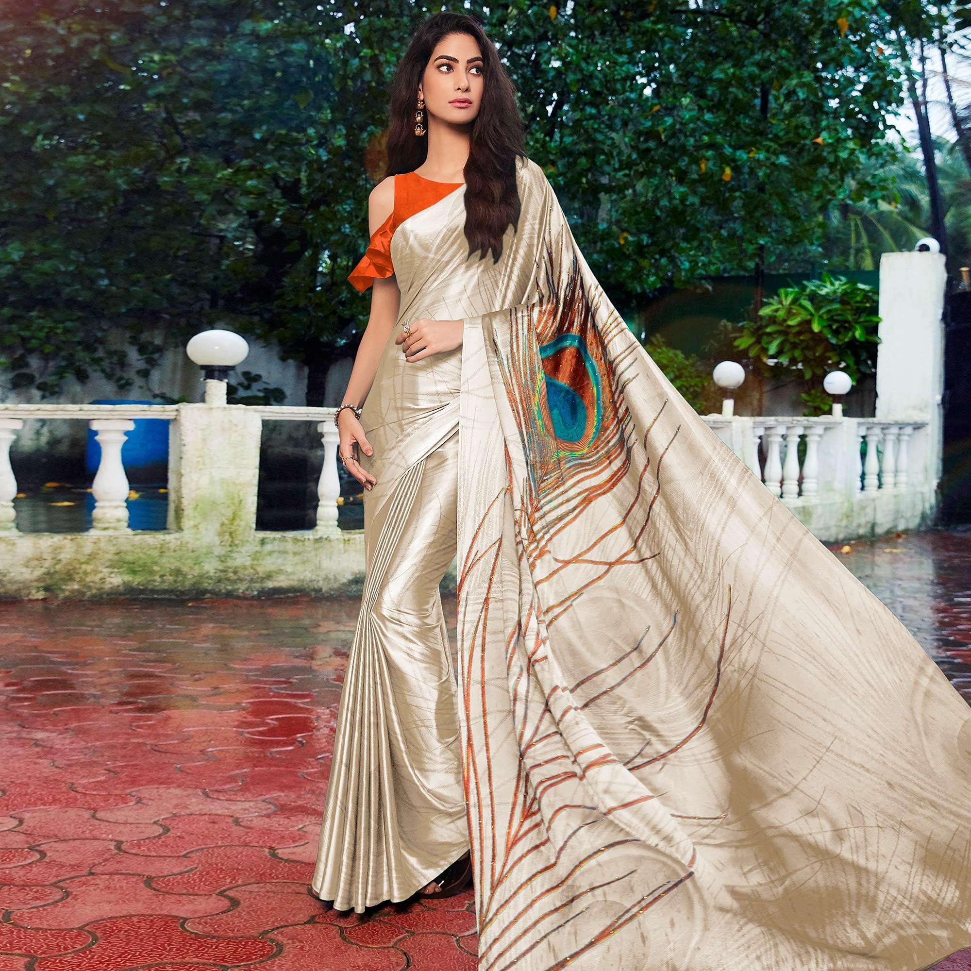 Peachmode Cream Printed Pure Silk Saree – Women's