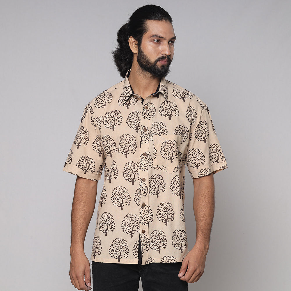 BINDAAS UNLIMITED Beige - Bindaas Block Printed Natural Dyed Cotton Men Half Sleeve Shirt