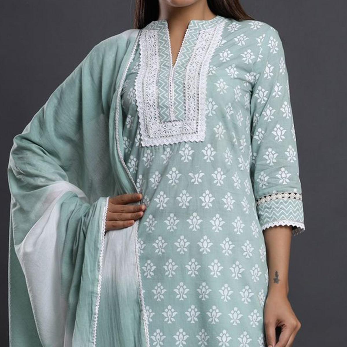 Peachmode Light Blue Casual Wear Printed Cotton Kurti - Pant Set With Dupatta - view 3