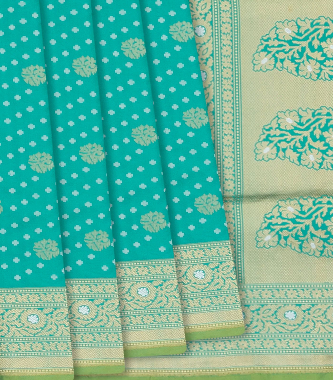 RmKV Turquoise Handloom Banarasi Silk Saree With Floral & Corner Paisley Motifs-Turquoise