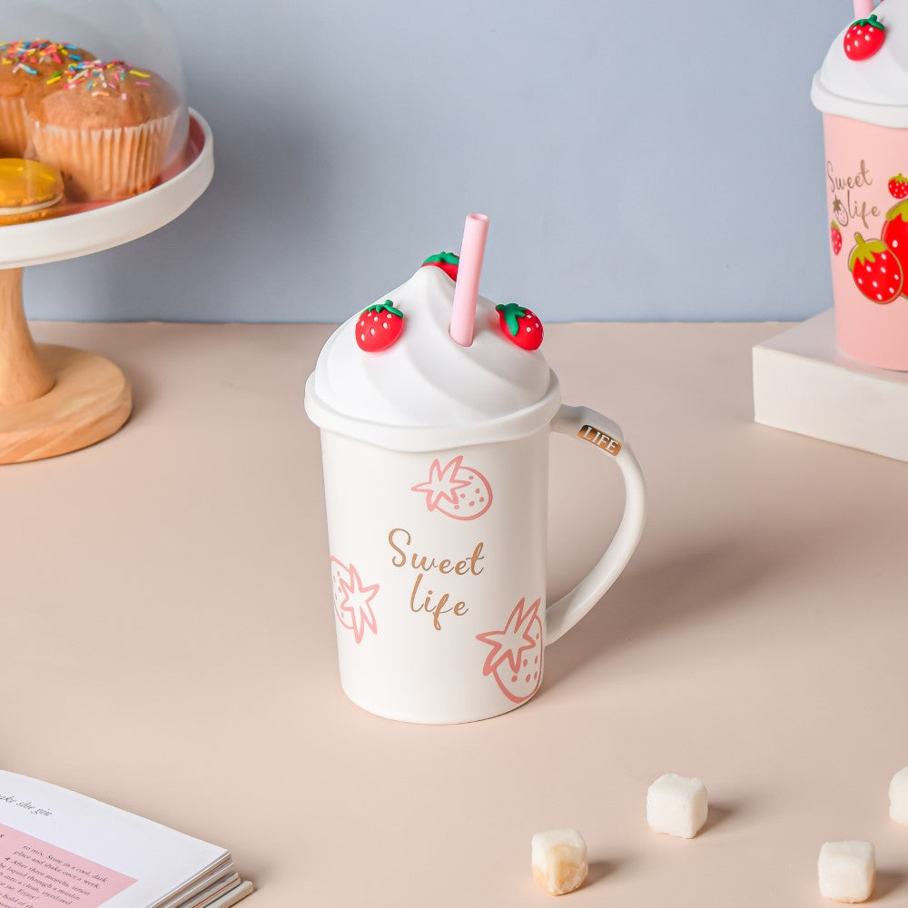 Nestasia Strawberry Coffee Mug With Lid And Straw 380 ml