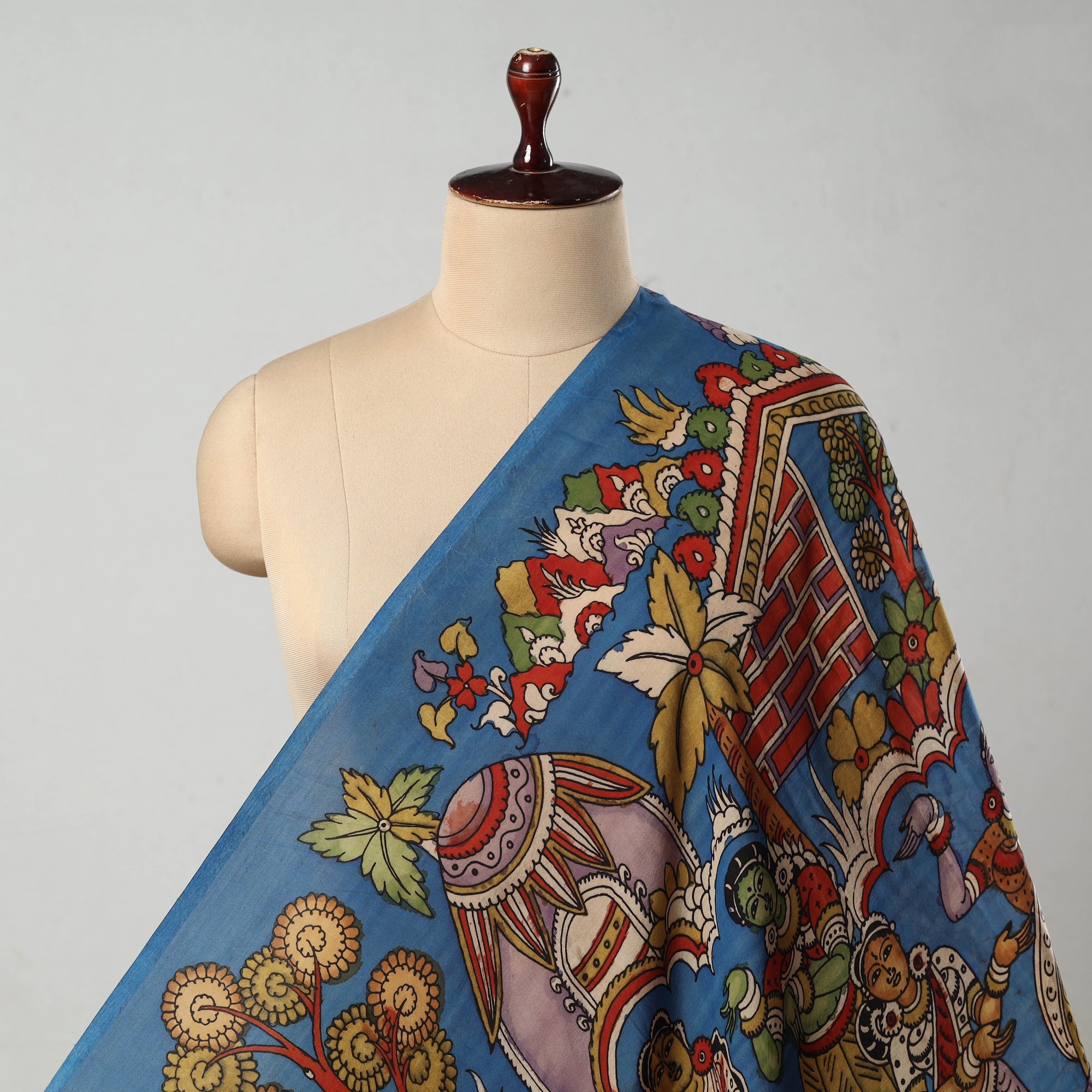 SOUTH KARGHA Blue - Bangalore Silk Srikalahasti Pen Kalamkari Fabric 02
