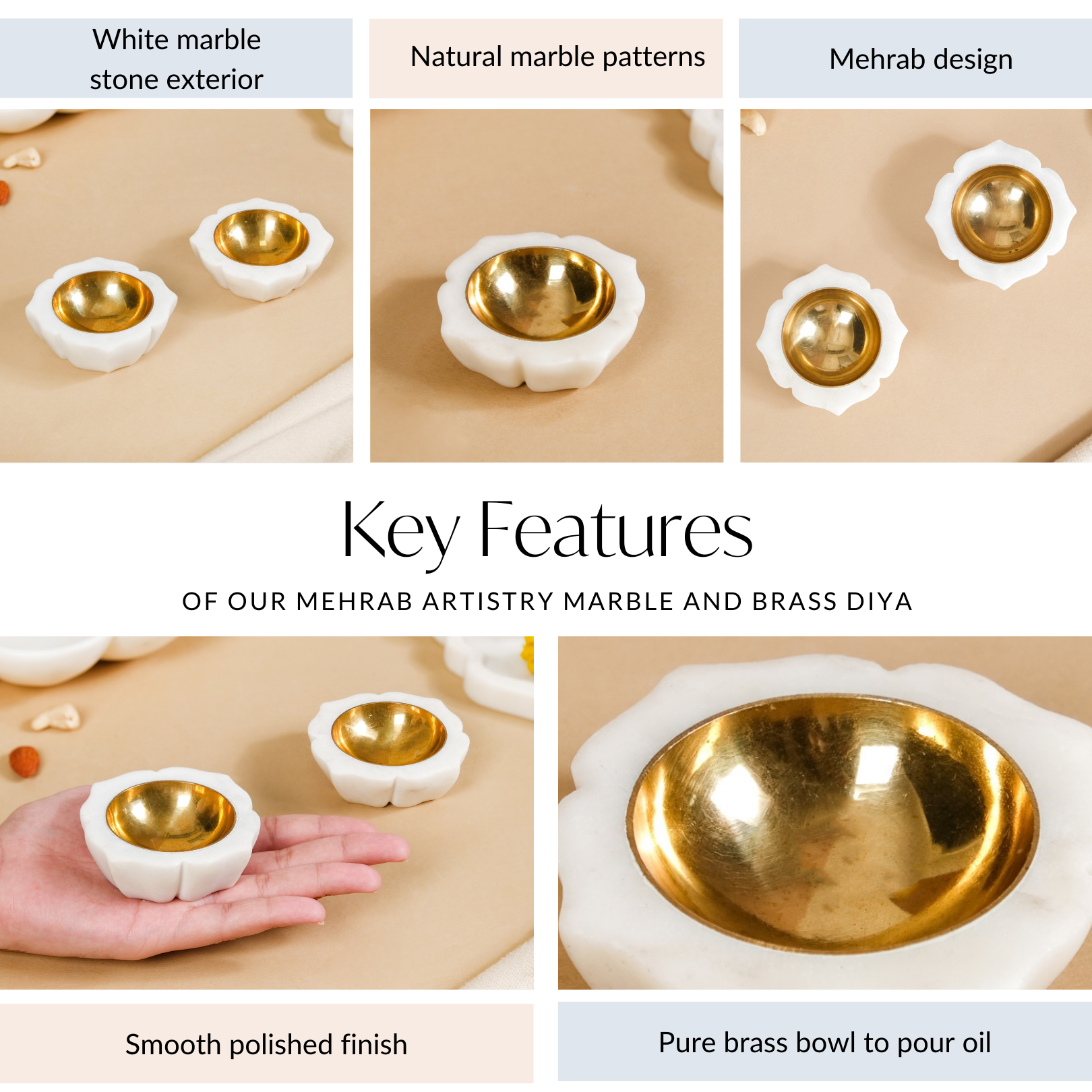 Nestasia Mehrab Artistry Marble And Brass Diya Set Of 2 - view 6