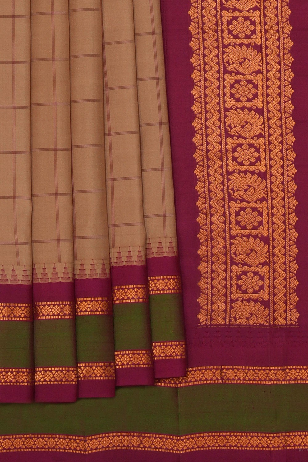 Kalanjali Gadwal Silk Beige Kattam Saree – Women's