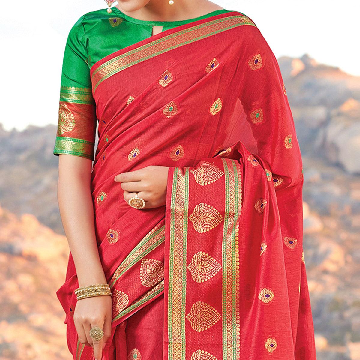 Peachmode Classy Red Colored Festive Wear Woven Cotton Handloom Saree - view 2