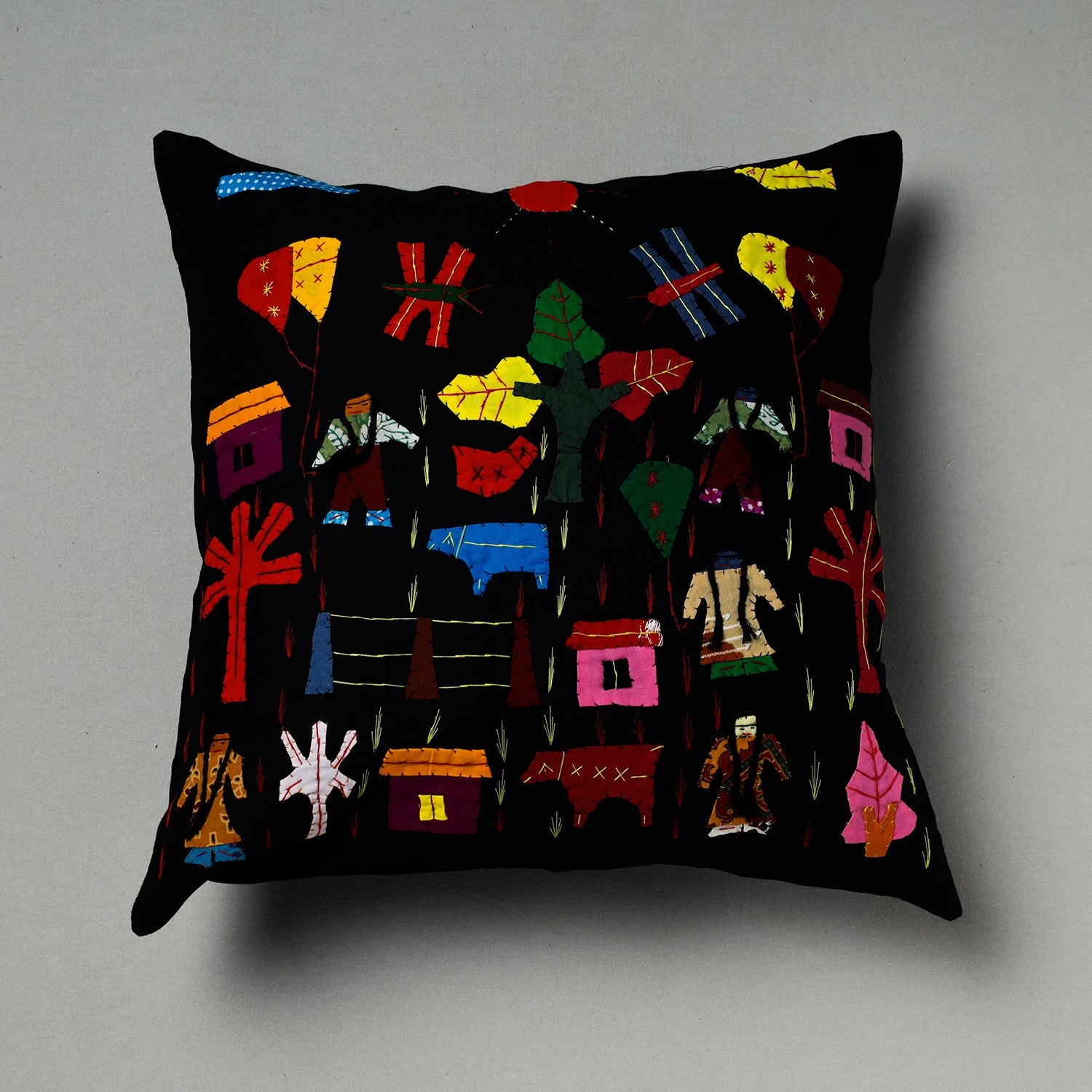 ASHOKA ASSEMBLE - CELEBRATING CRAFTS OF ODISHA Black - Pipli Applique Work Cotton Cushion Cover (16 x 16 in) Assorted