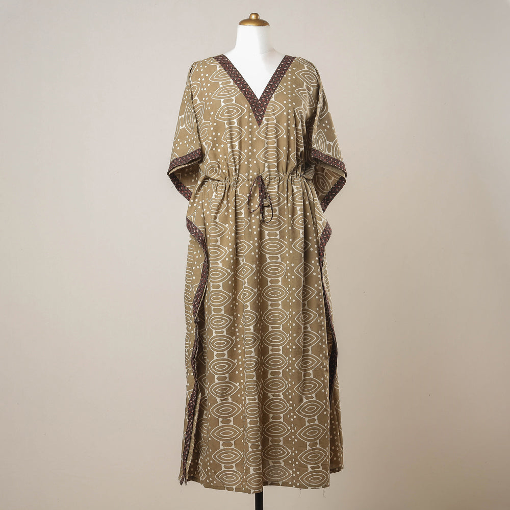 THE SAFFRON SAGA Brown - Pipad Hand Block Printed Cotton Kaftan with Tie-Up Waist (Long)