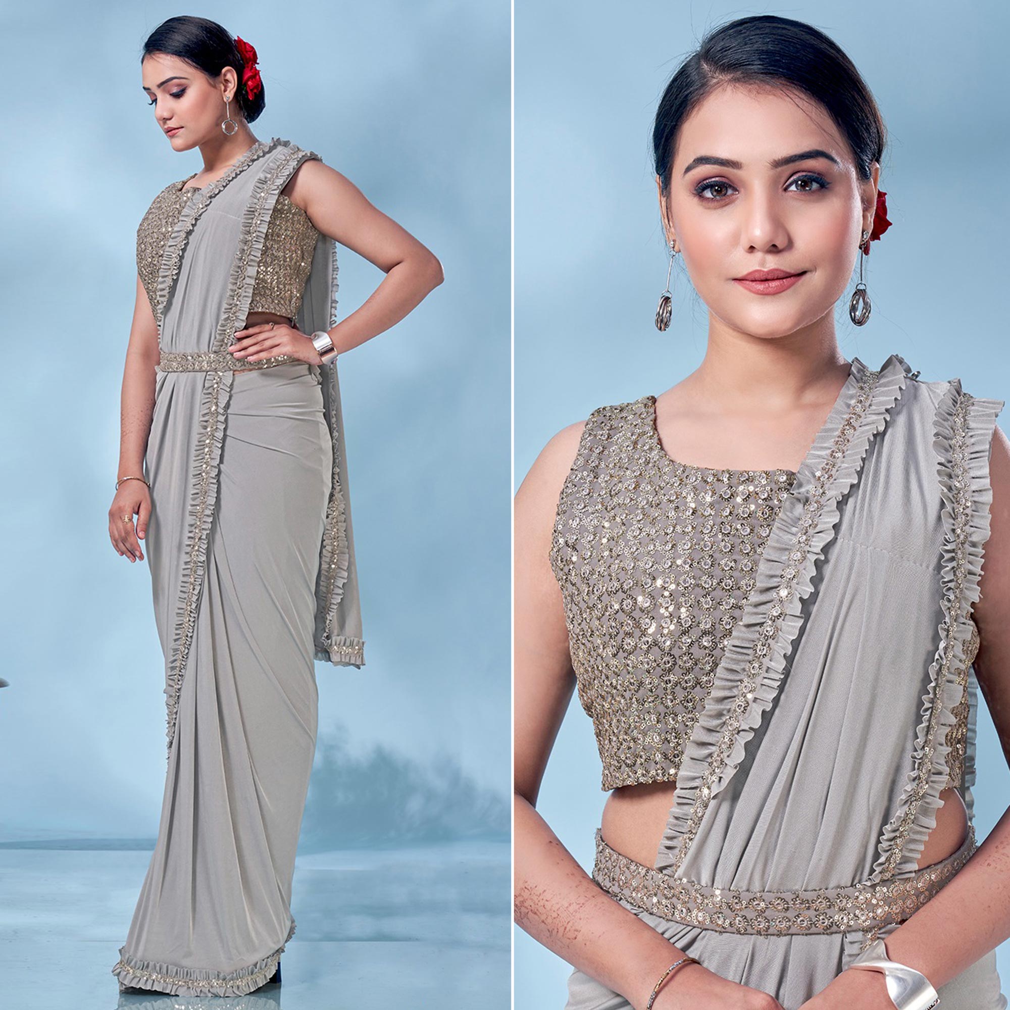 Peachmode Grey Sequins Embroidered Ready to Wear Lycra Saree