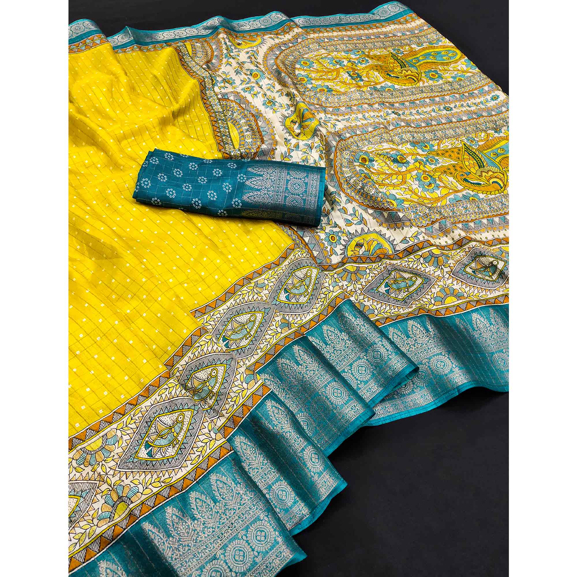Peachmode Lemon Yellow Madhubani Work Woven Dola Silk Saree - view 3