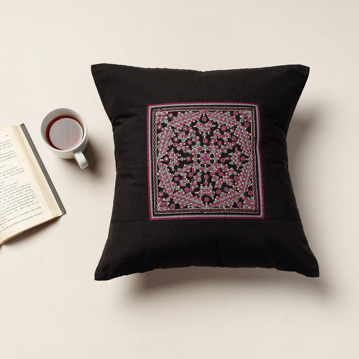 QASAB Black - Kutch Neran Hand Embroidery Cotton Cushion Cover (16 x 16 in)