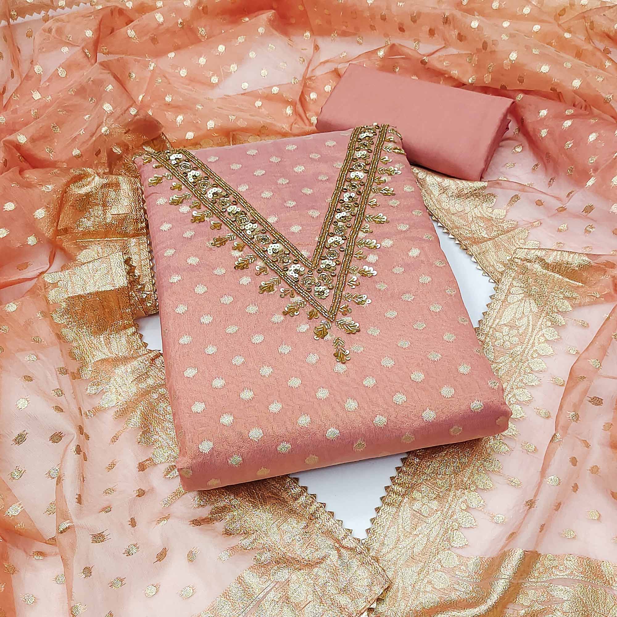 Peachmode Peach Woven With Sequins Embroidered Chanderi Silk Dress Material