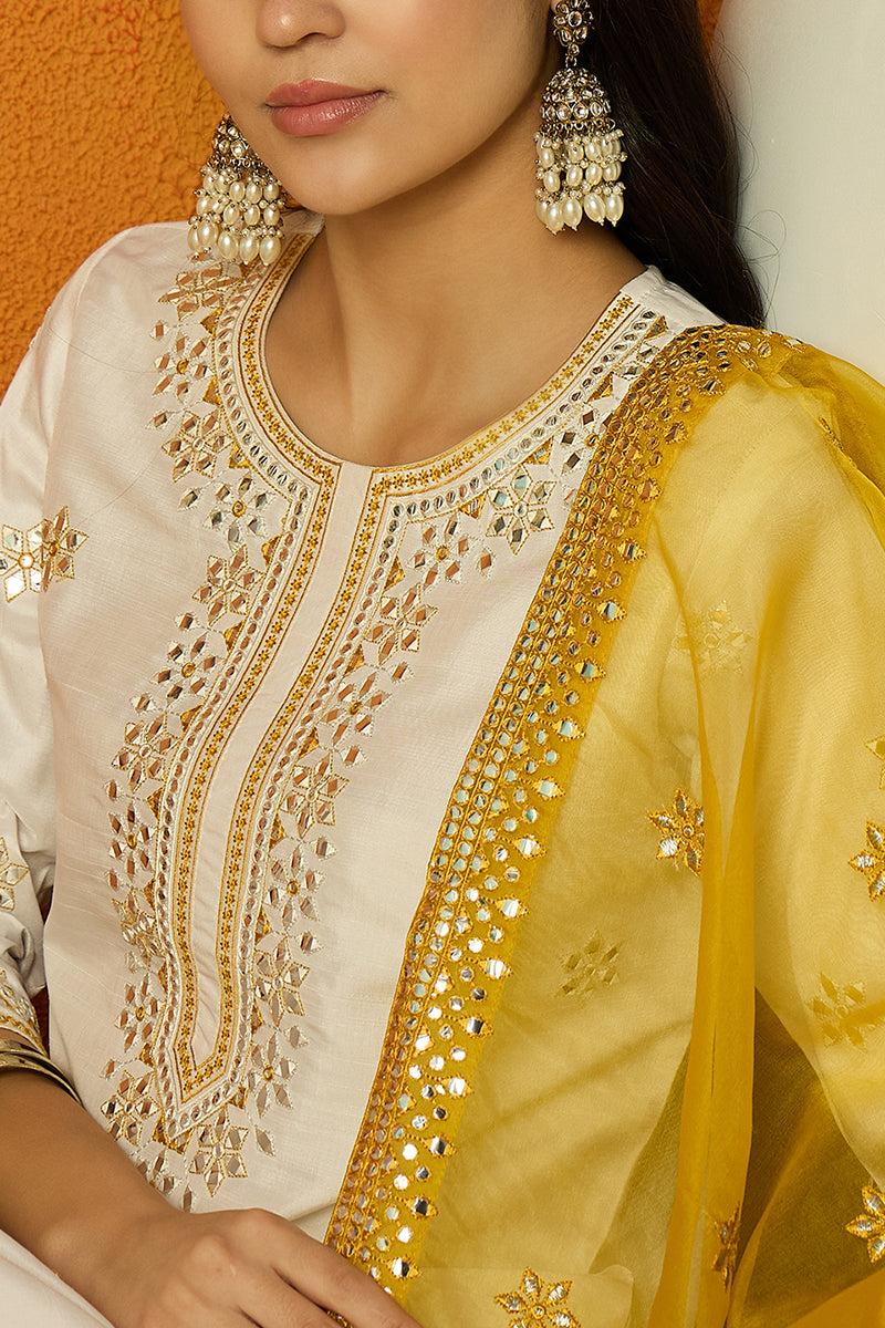 Ahika White Silk Blend Solid Embroidered Straight Suit Set PKSKD2471 - view 2