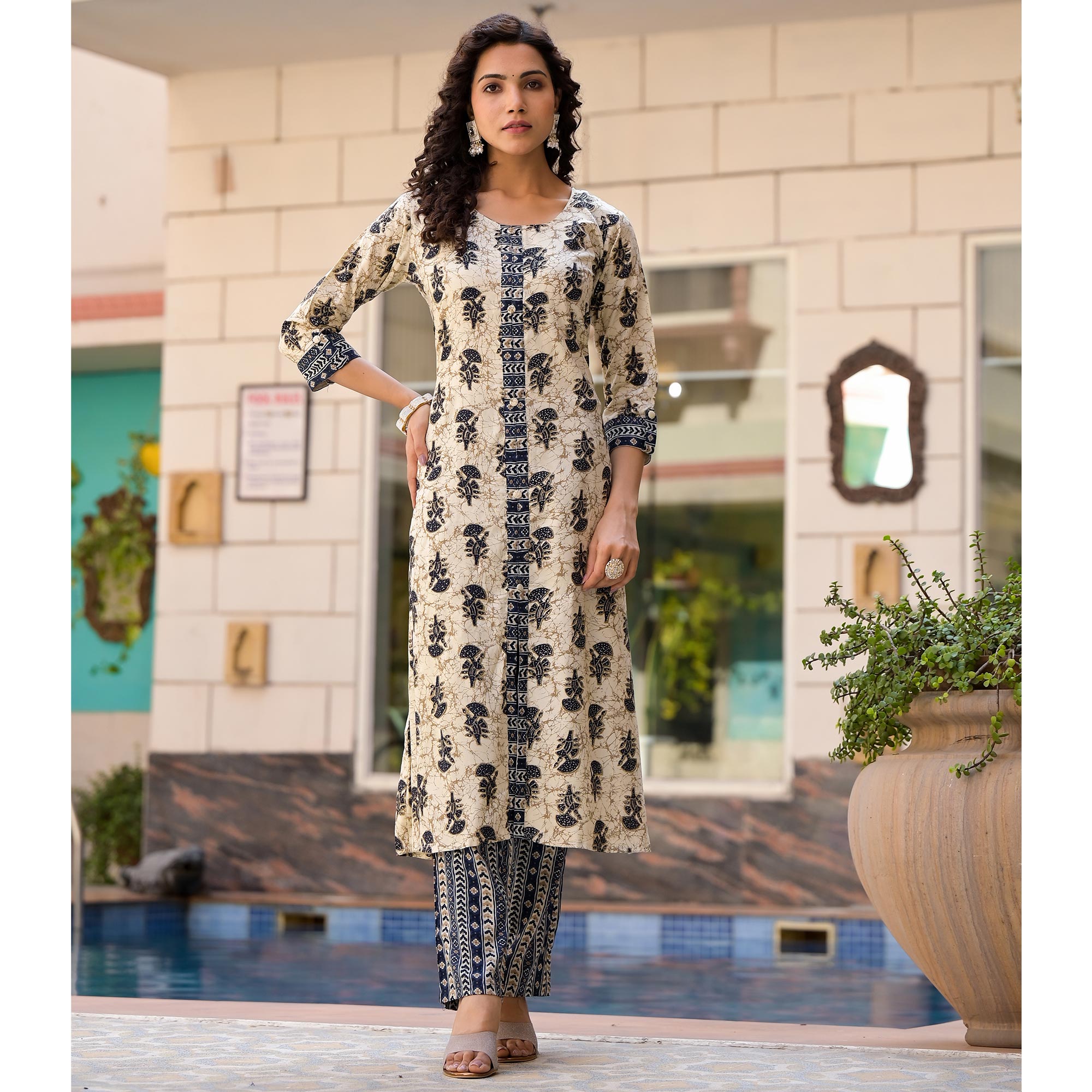 Peachmode Chikoo & Navy Blue Floral Foil Printed Rayon A-Line Salwar Suit - view 7