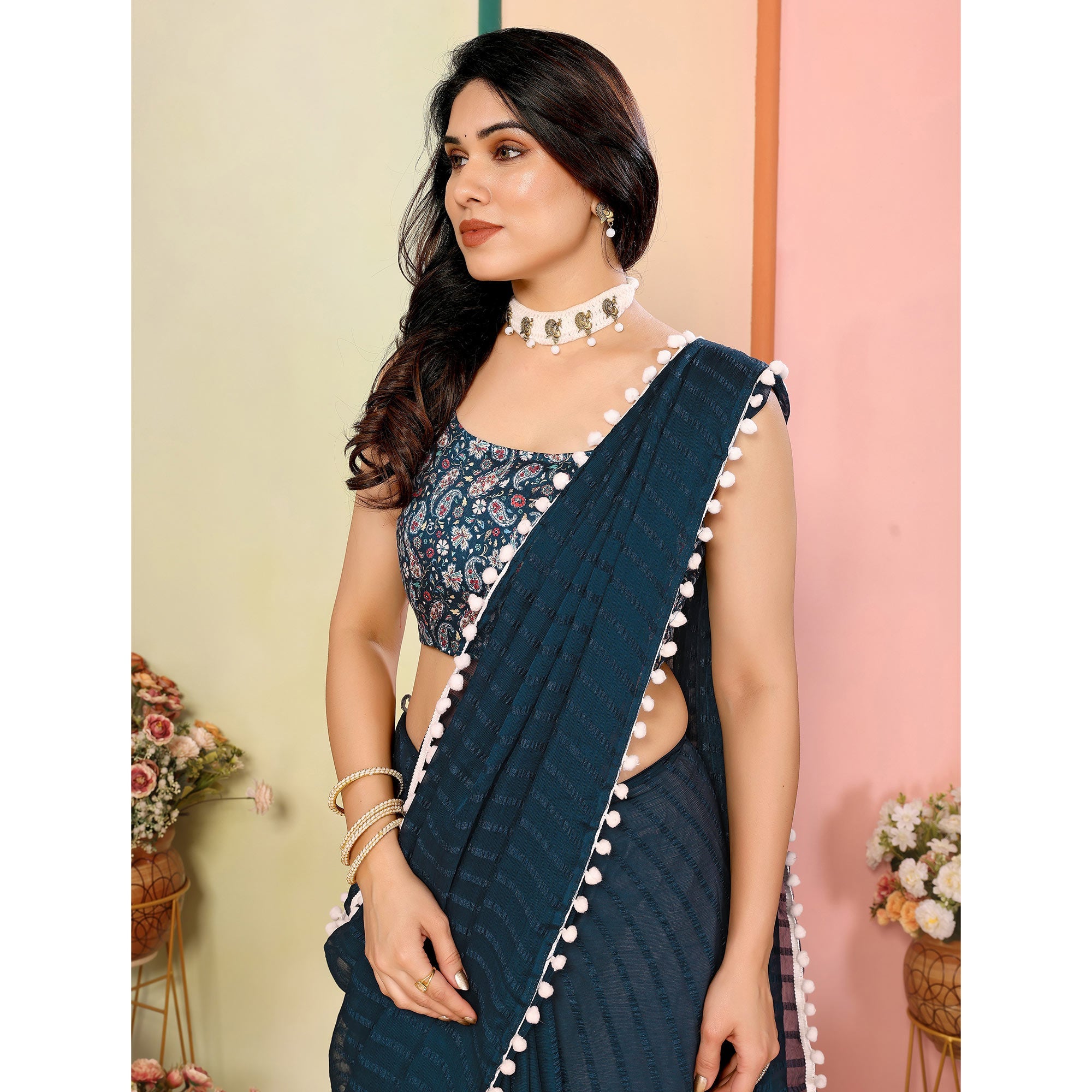 Peachmode Teal Woven Striped Pattern Georgette Saree - view 5