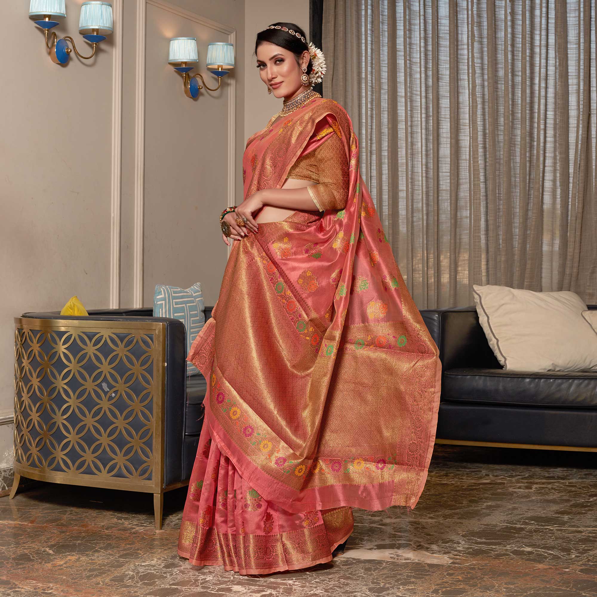 Peachmode Gajari Pink Floral Woven Organza Saree - view 4