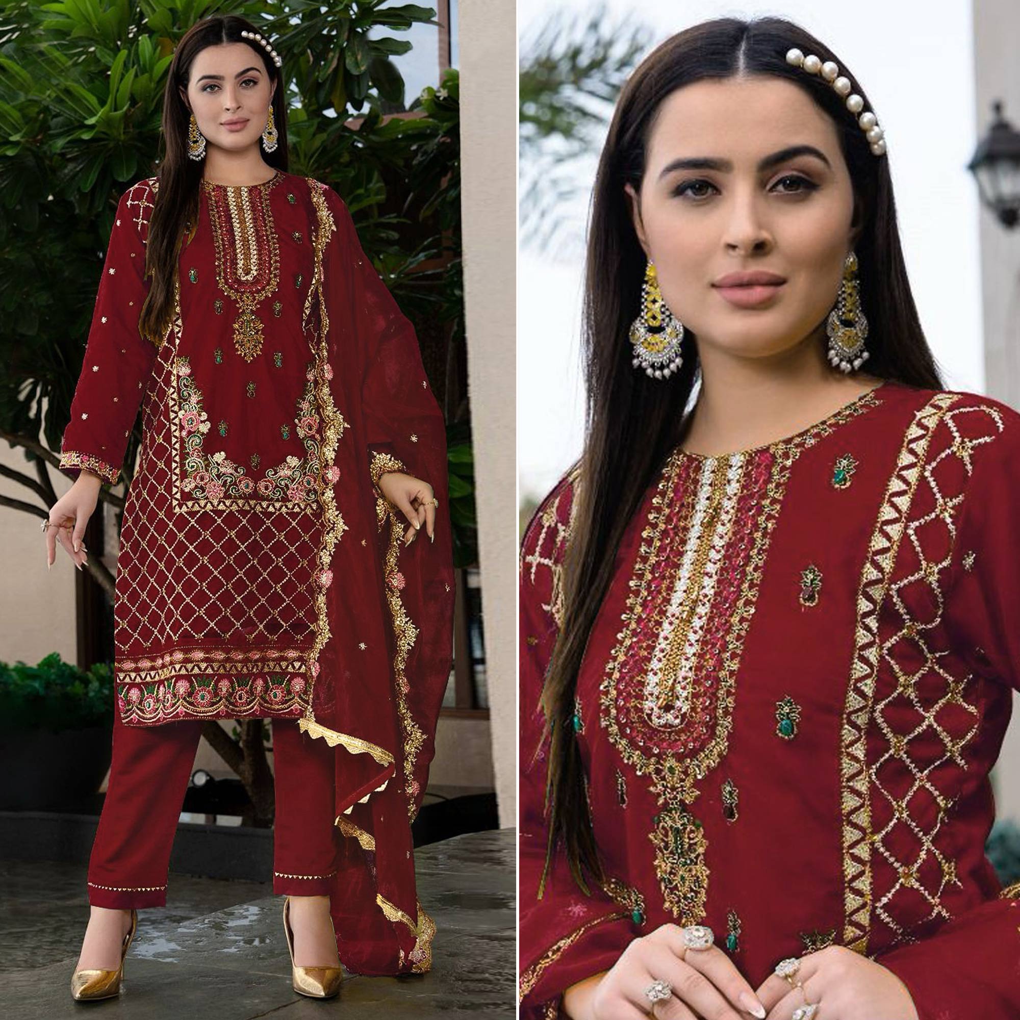 Peachmode Maroon Floral Sequins Embroidered Georgette Semi Stitched Pakistani Suit