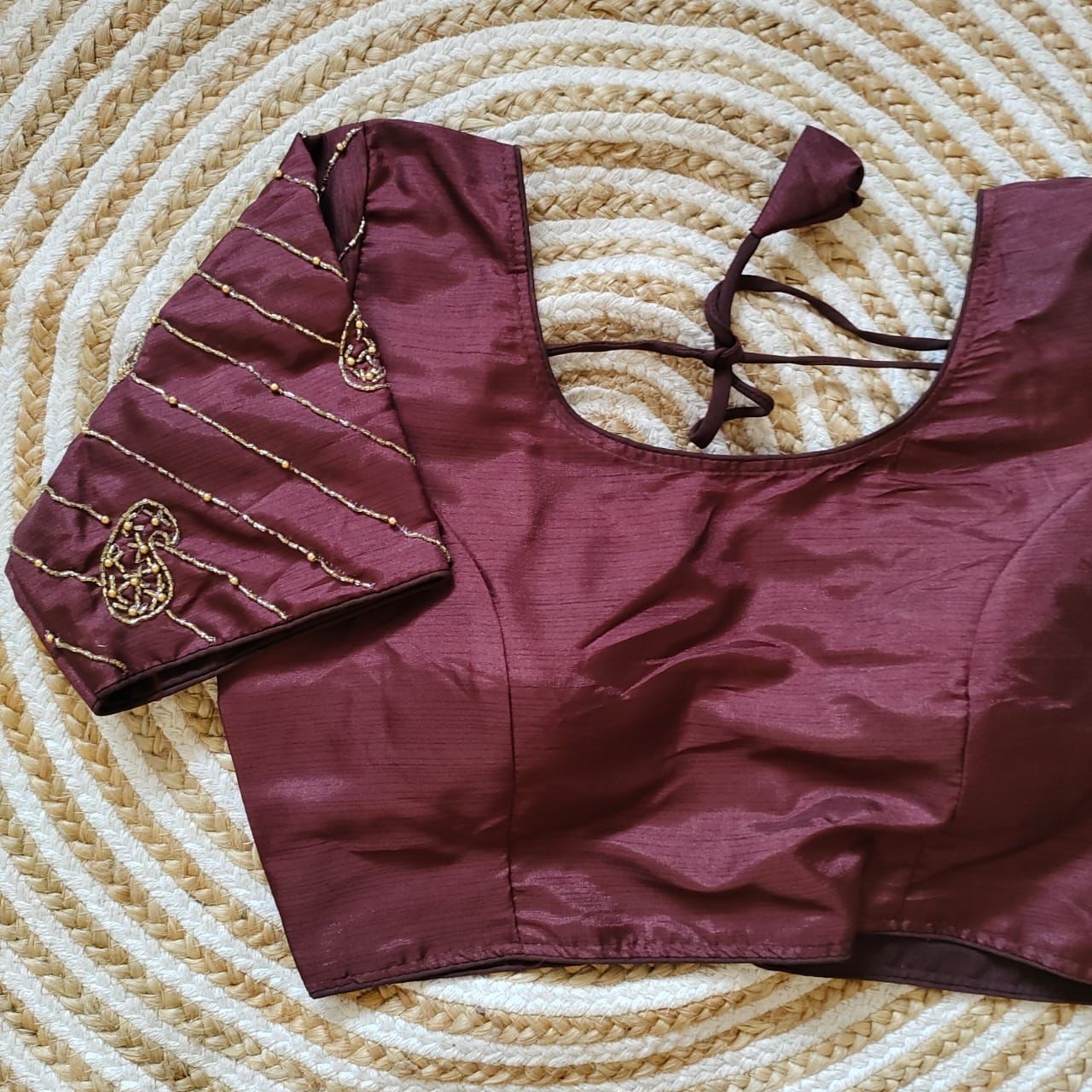 ClothsVilla Wine Pure Silk Blouse with Handcrafted Sleeves and Back Opening