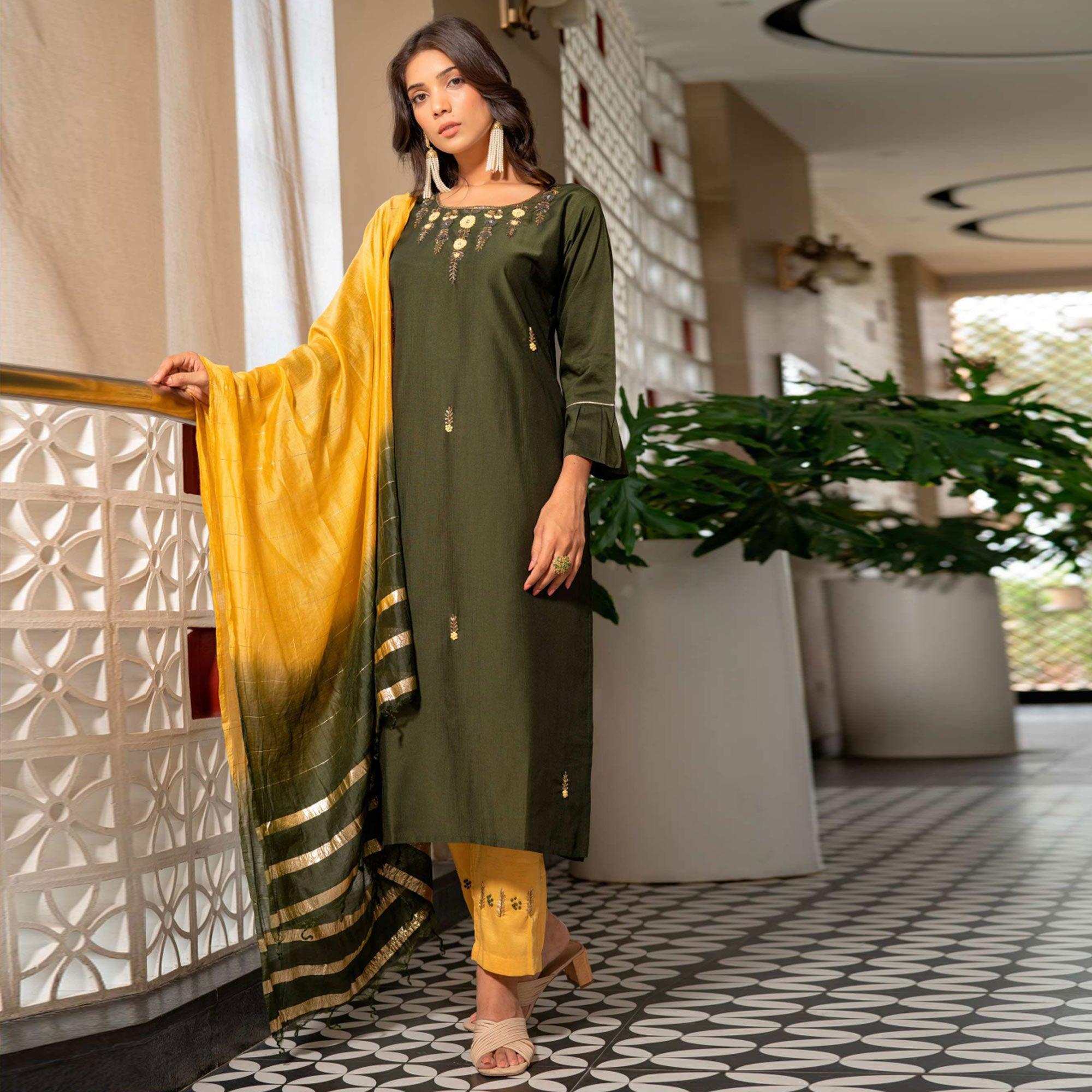 Peachmode Mehendi Green Partywear Floral Embroidered Georgette Suit