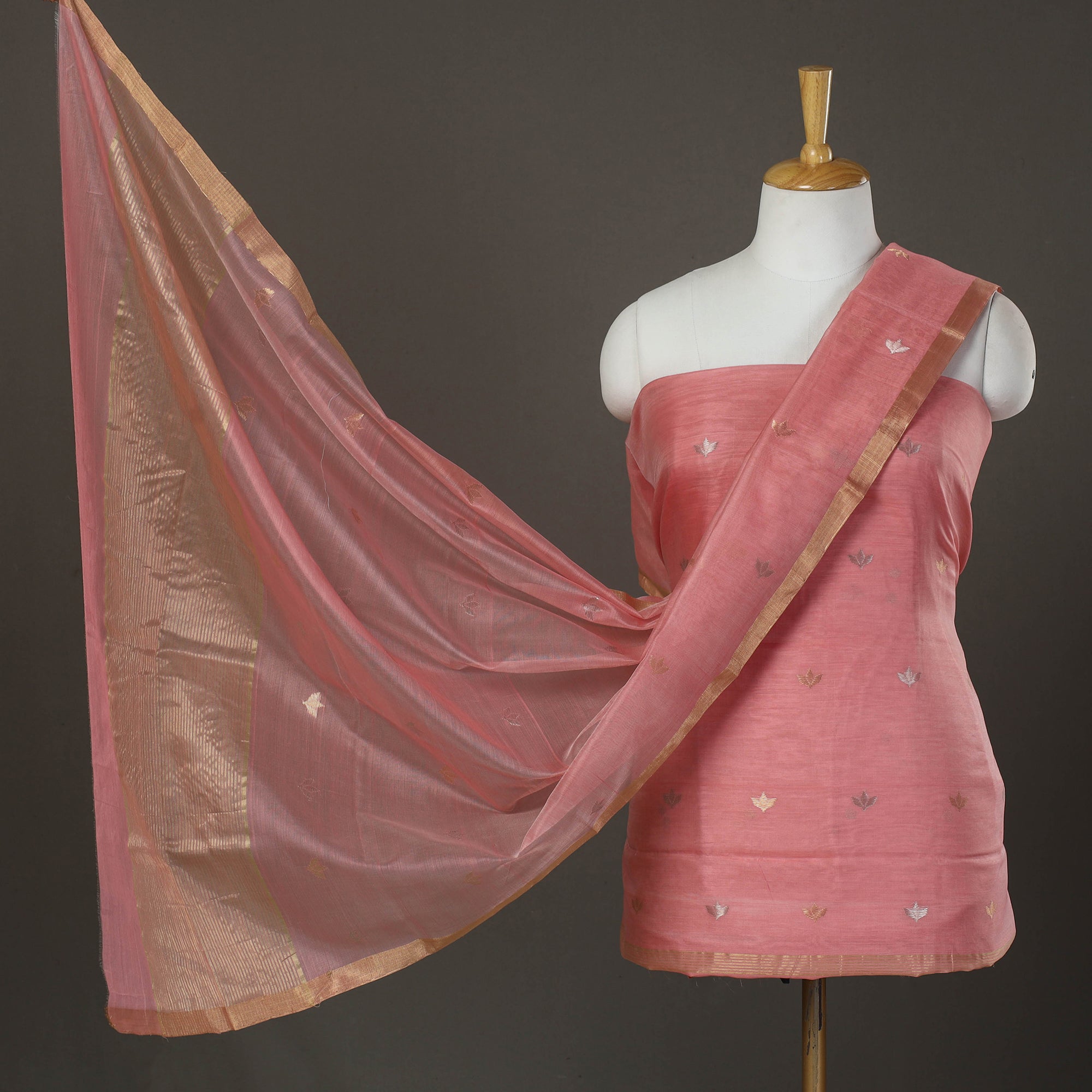 CHANDERI BY RAUPH KHAN Peach - 2pc Zari Buti Handloom Chanderi Silk Dress Material 23