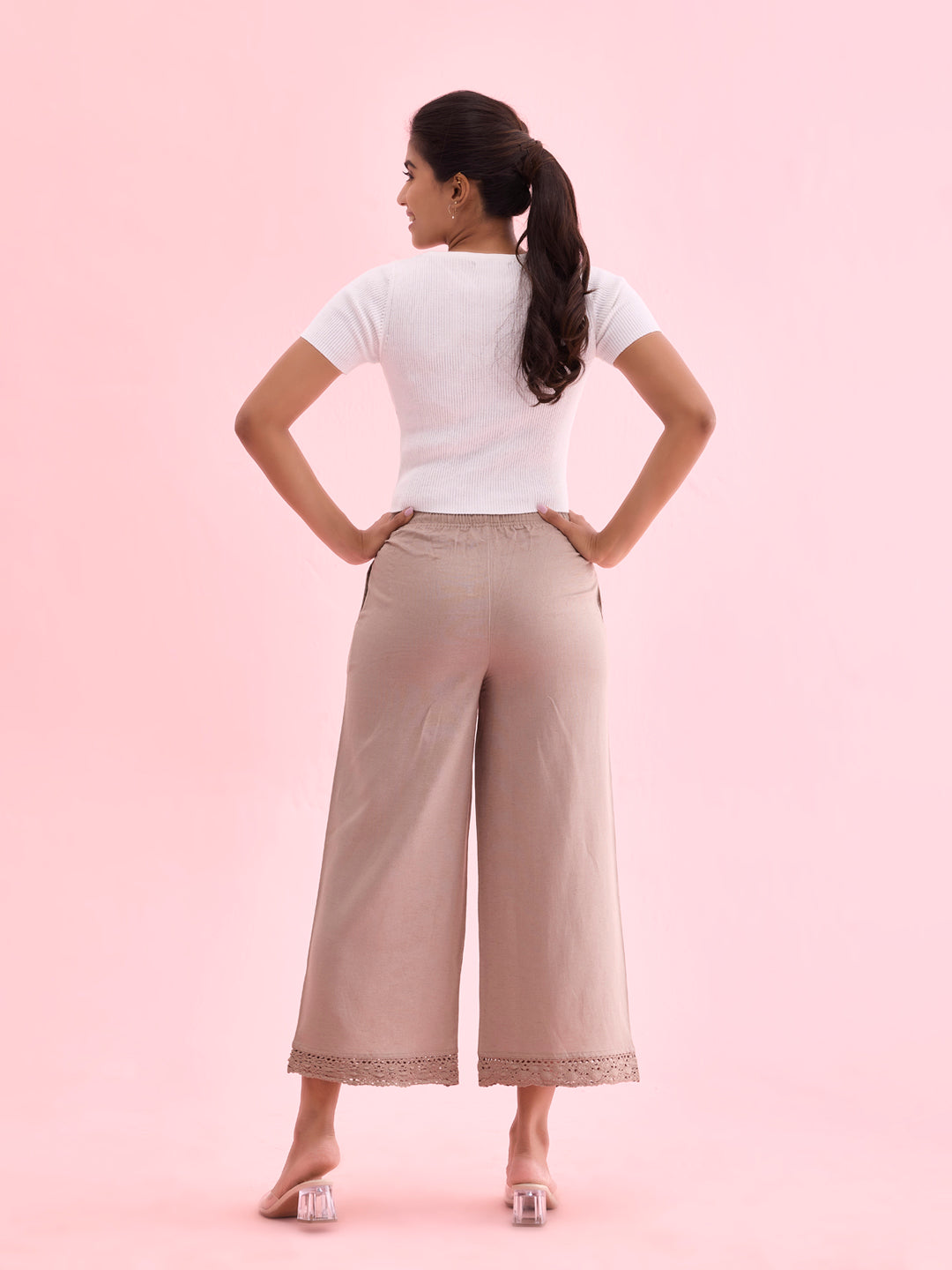 Go Colors Women Solid Khaki Mid Rise Linen Wide Pant - view 3