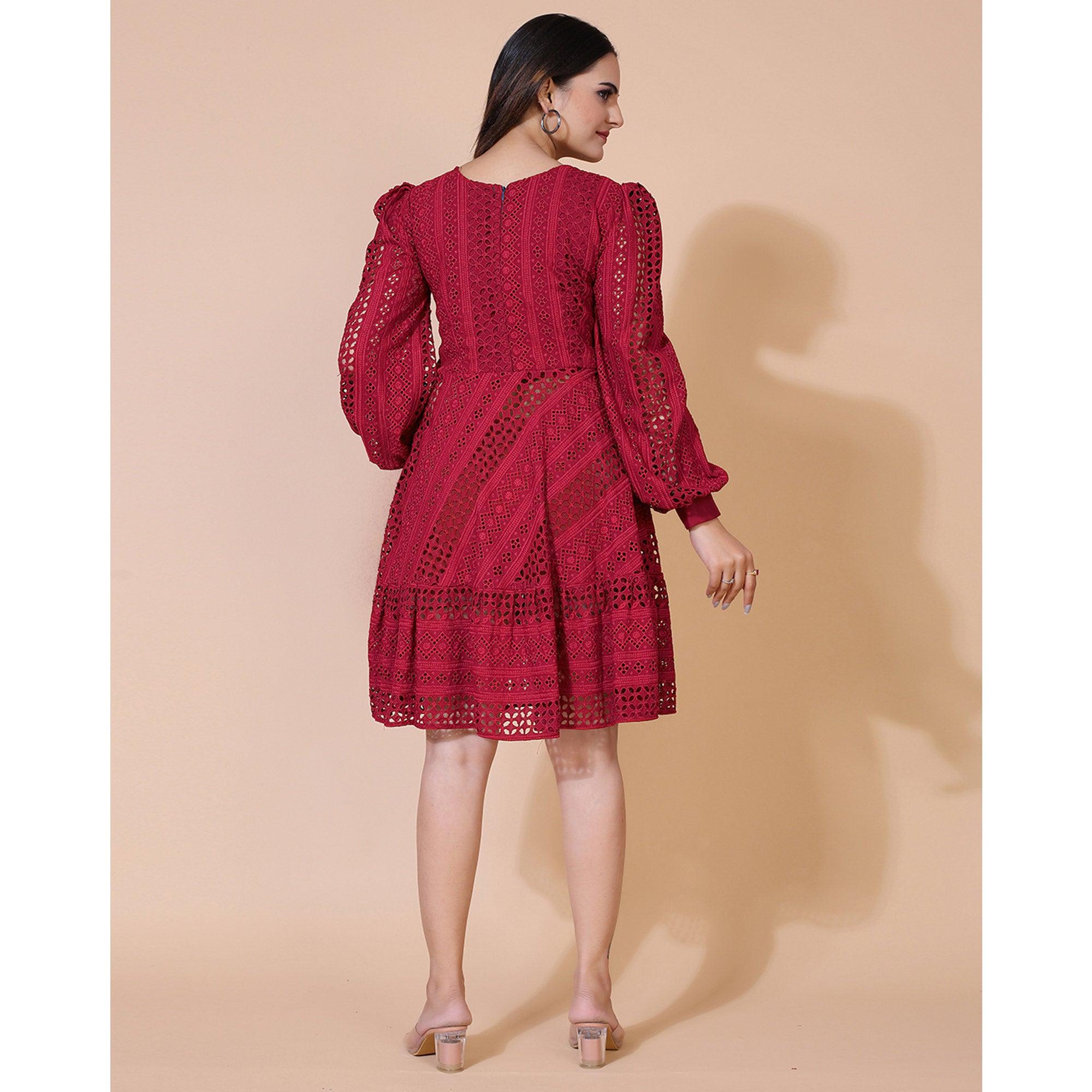 Peachmode Seller Maroon Lucknowi Chikankari Work Rayon Western Dress - view 6