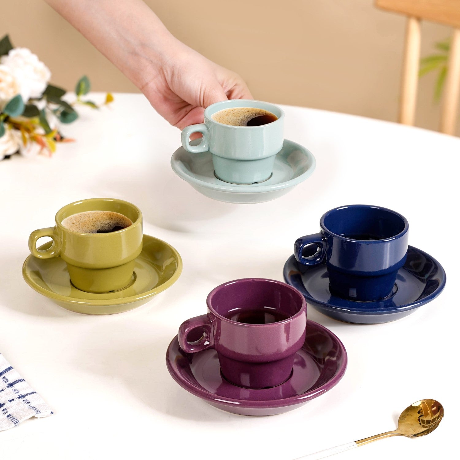 Nestasia Mini Stackable Tea Cup And Saucer Set Of 4 Multicolour 100ml - view 3