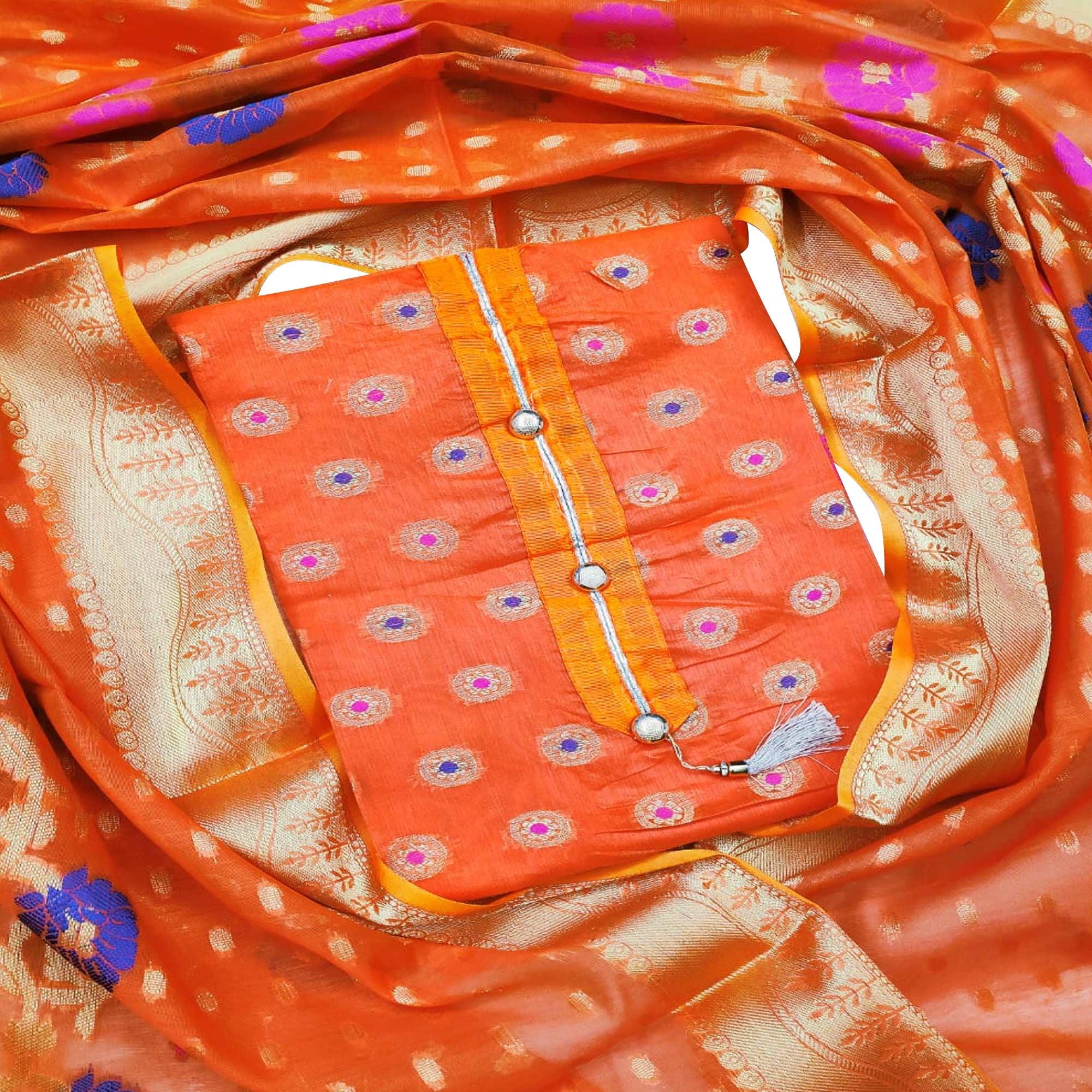 Peachmode Classy Orange Colored Festive Wear Woven Banarasi Silk Dress Material
