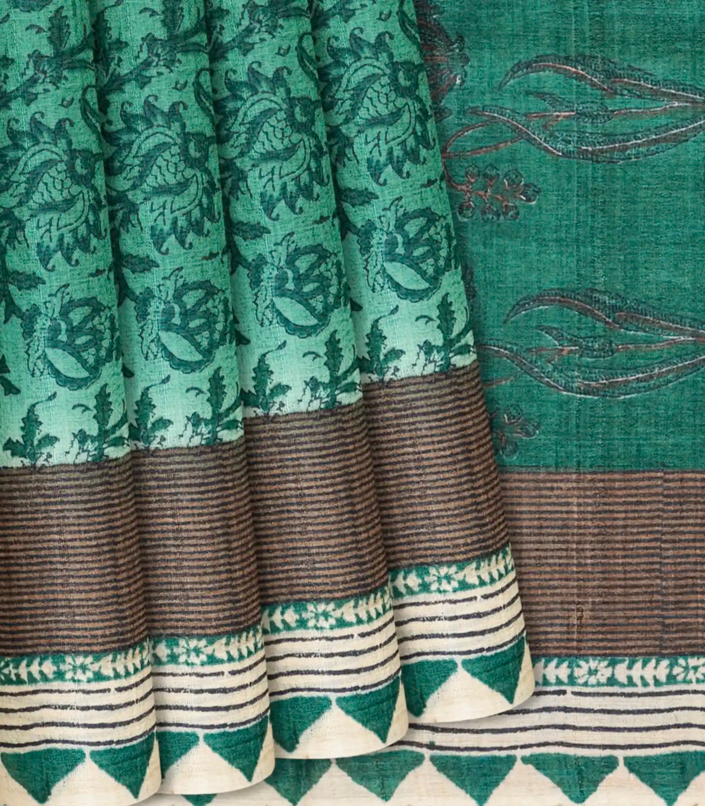 RmKV Sea Green Handloom Tussar Silk Saree With Printed Floral Motifs-Sea Green