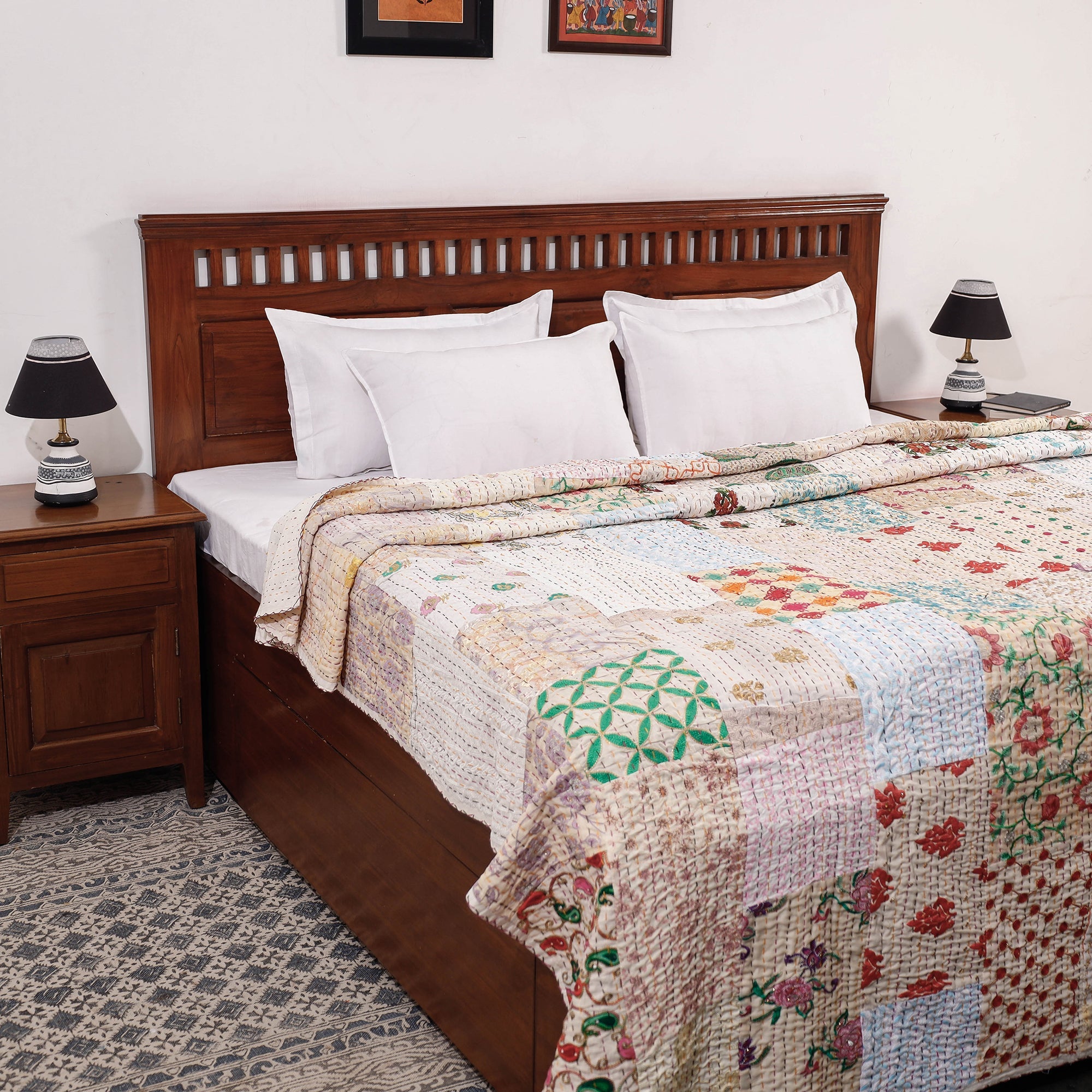 Cotton quilt gudri – HAVELI CHRONICLES Beige - Khambadiya Patchwork Patola Silk Cotton Quilt / Gudri / Blanket