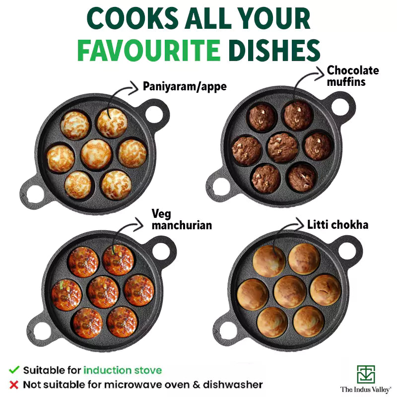 The Indus Valley Super Smooth 7 Pit/Cup Cast Iron Paniyaram/Appe Pan+ Free Spatula, Pre-seasoned, Natural Nonstick, 100% Pure, Toxin-free, 18.9cm, 2.2 - view 11