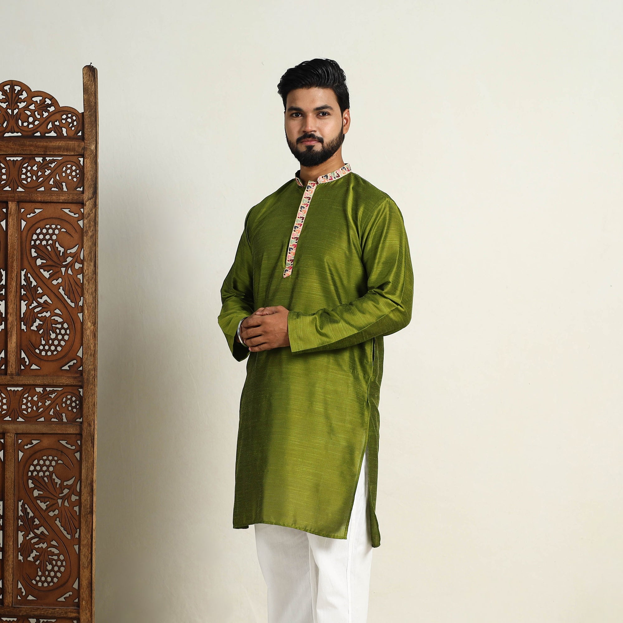 ITOKRI CASUALS Avacado Green - Slub Silk Kurta for Men with Detailed Neckline Work 11 - view 2