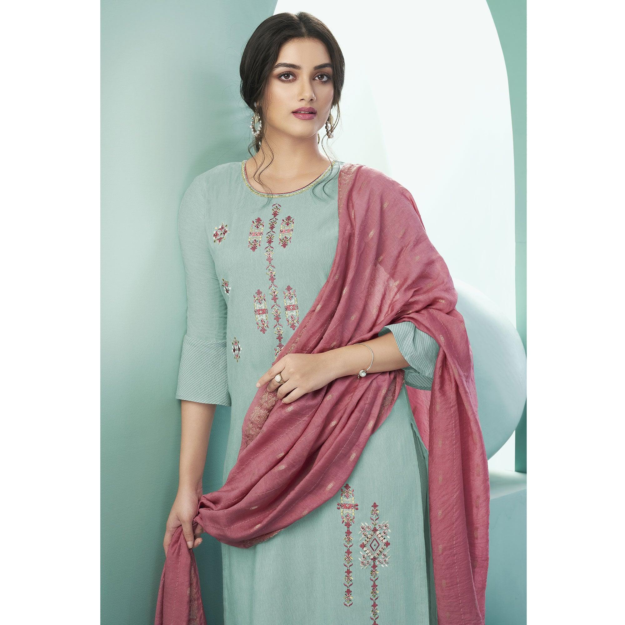 Peachmode Seller Light Sea Green Casual Wear Embroidered Cotton Suit - view 2