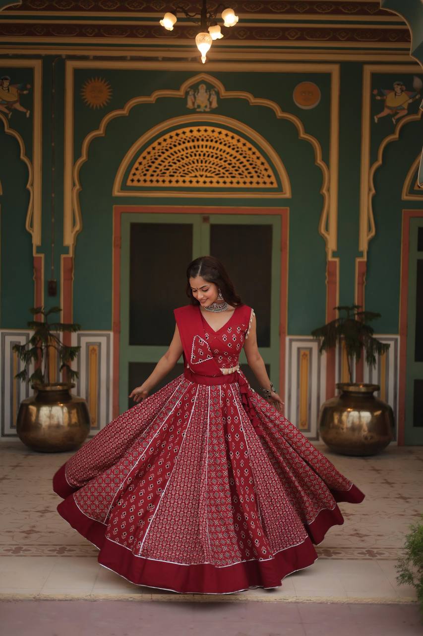 ClothsVilla Red Elegant Printed Rayon Lehenga Set with Gota Patti Lace and Kali Pattern
