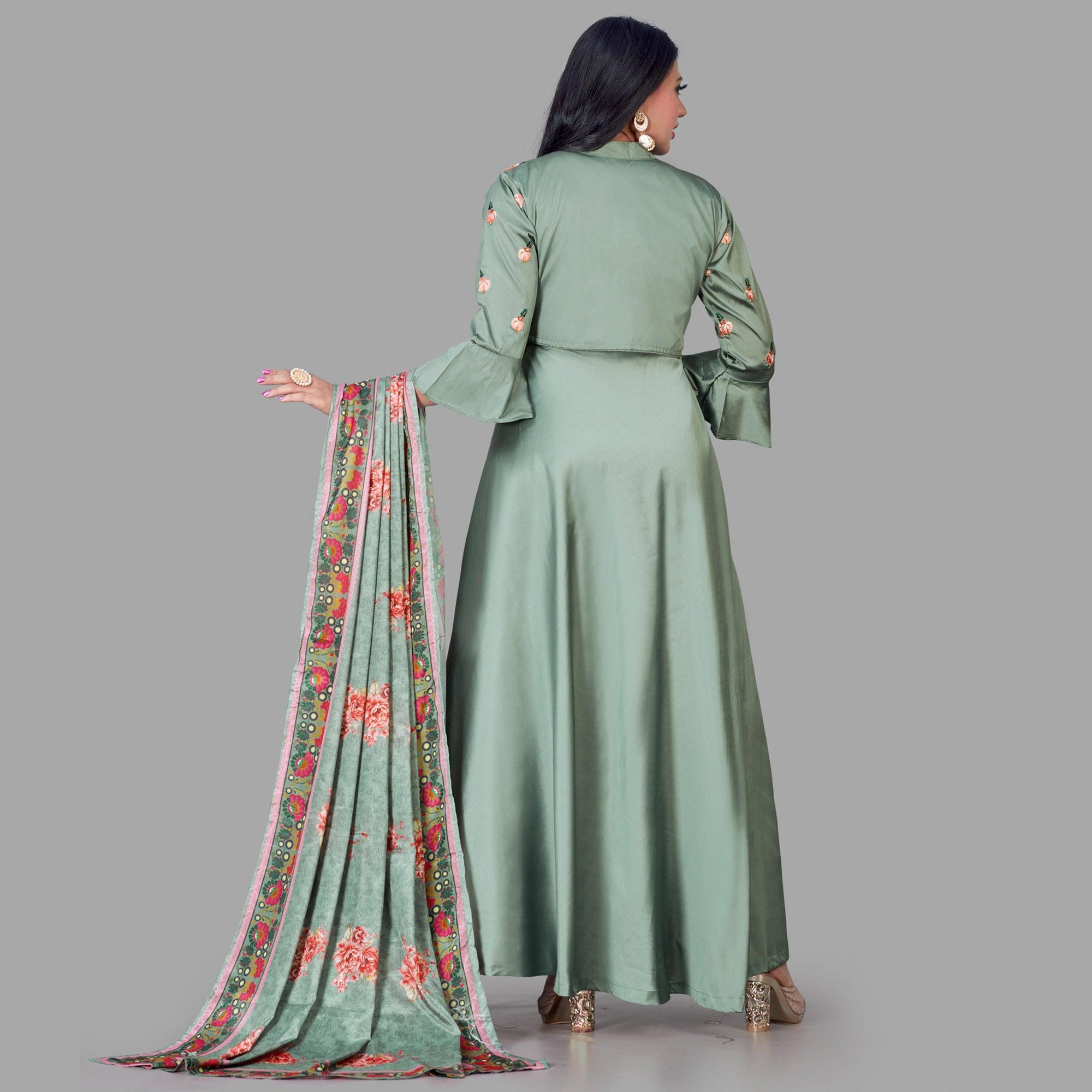 Peachmode Seller Desirable Green Coloured Embroidered Party Wear Floral Taffeta Gown - view 2