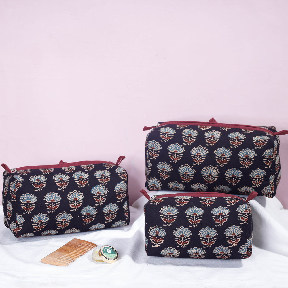 ITOKRI CRAFTS INITIATIVE Black - Ajrakh Block Printed Cotton Toiletry Bags (Set of 3)