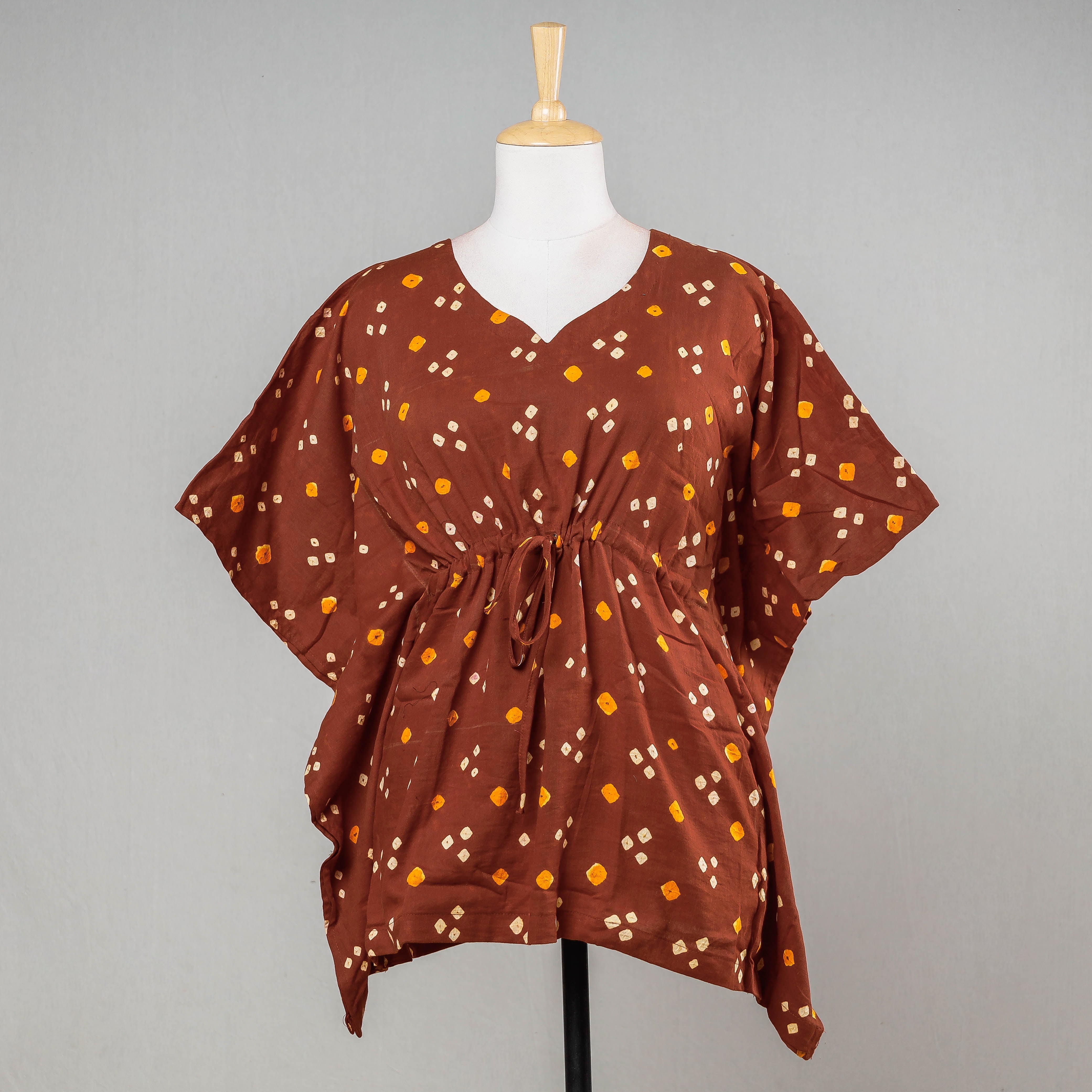 ITOKRI CASUALS Brown - Bandhani Tie-Dye Cotton Kaftan with Tie-Up Waist (Short)