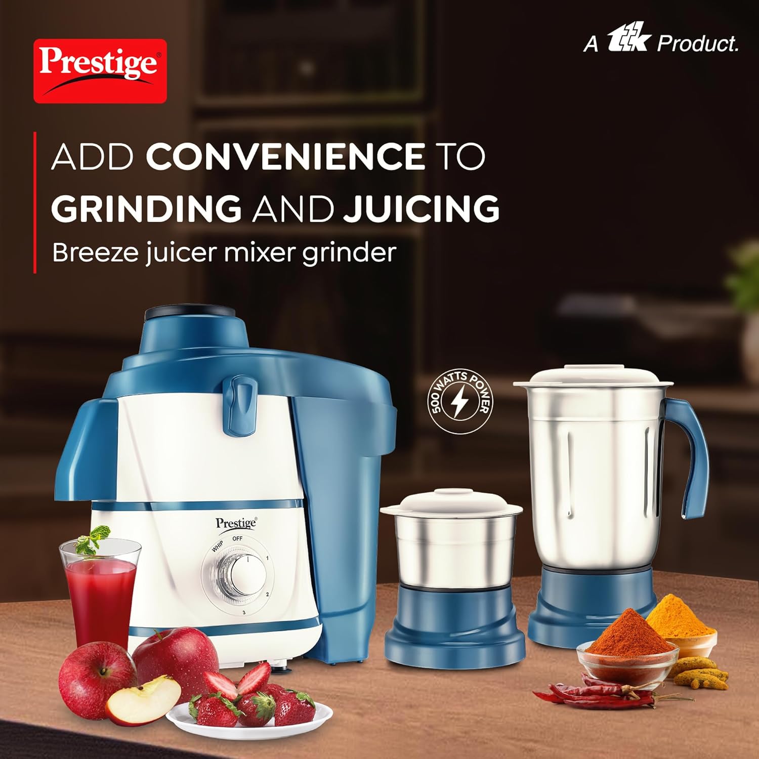 Prestige Breeze 500W Juicer Mixer Grinder With 2 Stainless Steel Jars | Blue & White - view 2