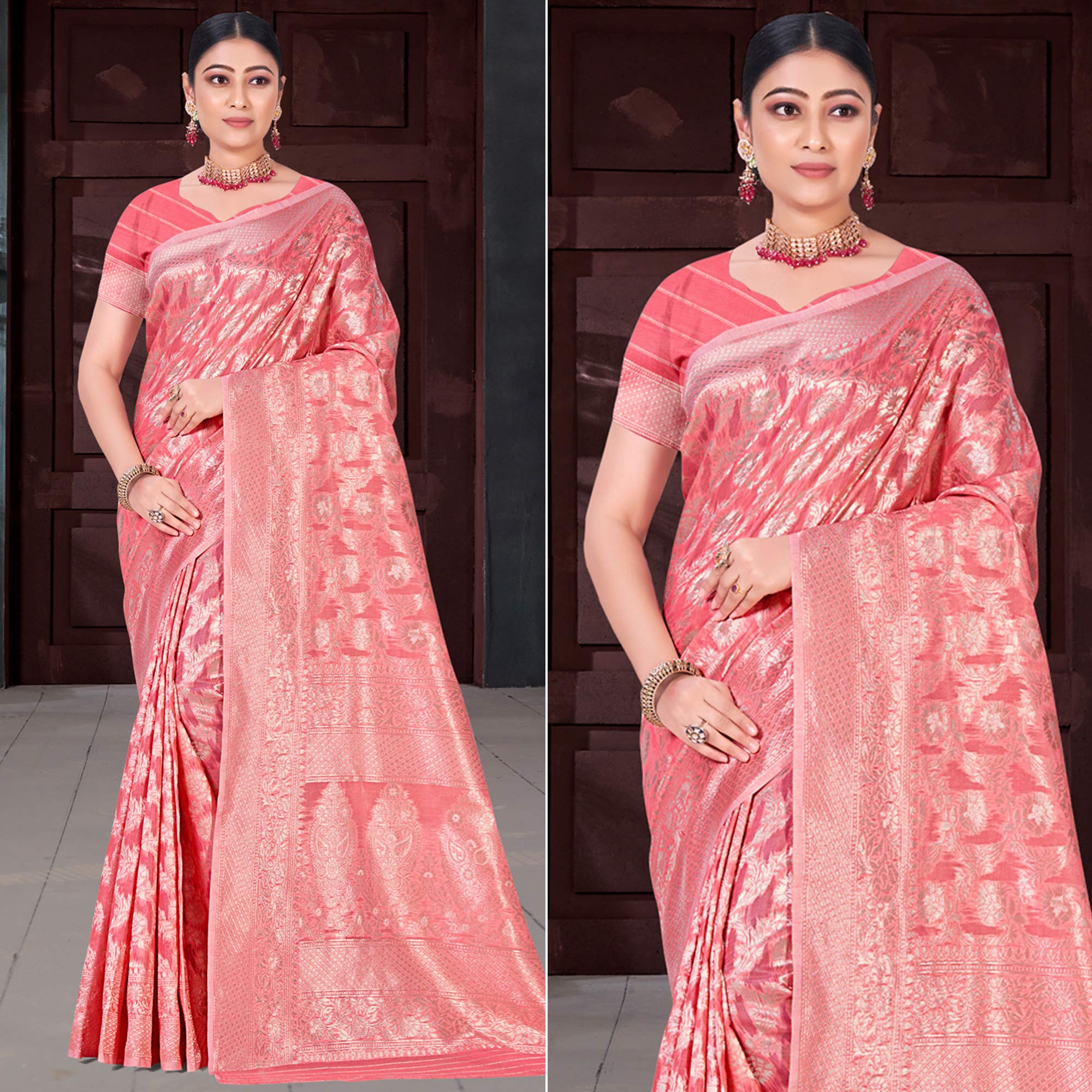 Peachmode Gajari Pink Floral Woven Cotton Blend Saree