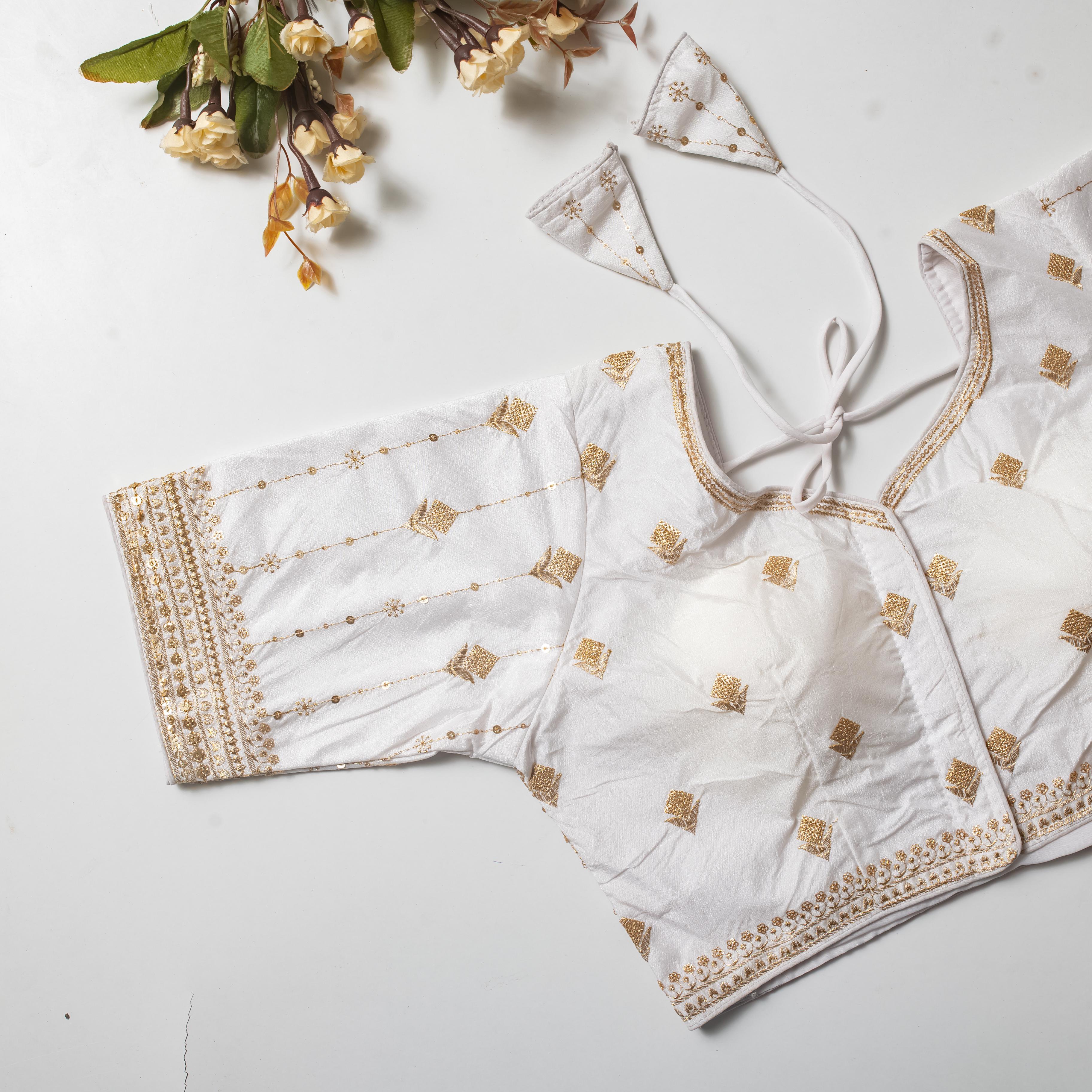 ClothsVilla White Golden Embroidered Vibrant Silk Blouse with Sequins