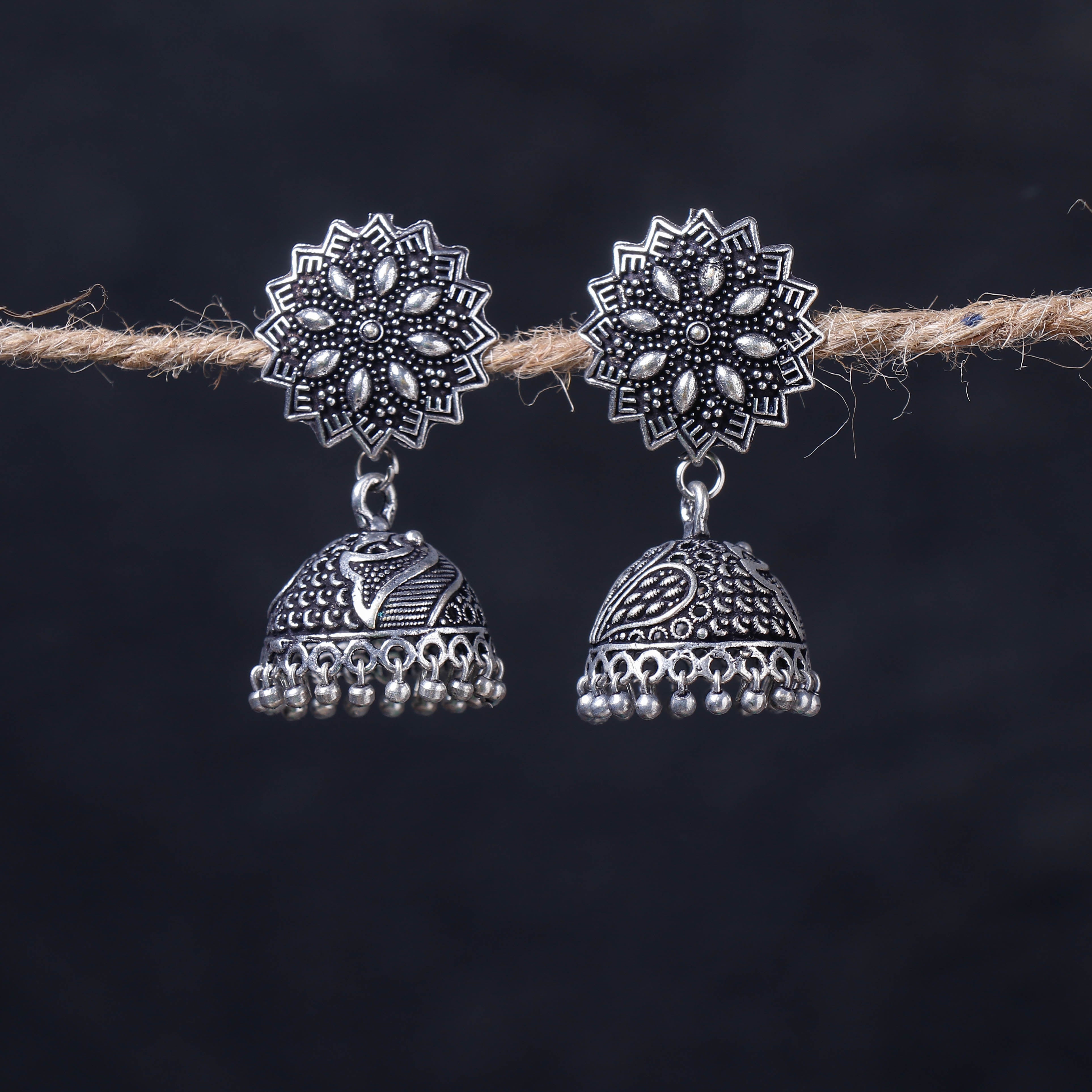 WHITE RIVER STORIES Antique Silver Finish Oxidised Brass Base Jhumka Earrings