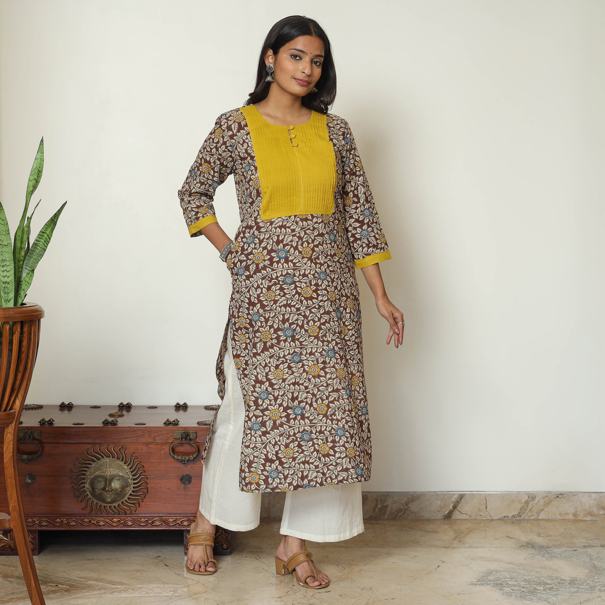 ITOKRI CASUALS Brown - Kalamkari Printed Cotton Pintuck Long Straight Kurta 68 - view 7