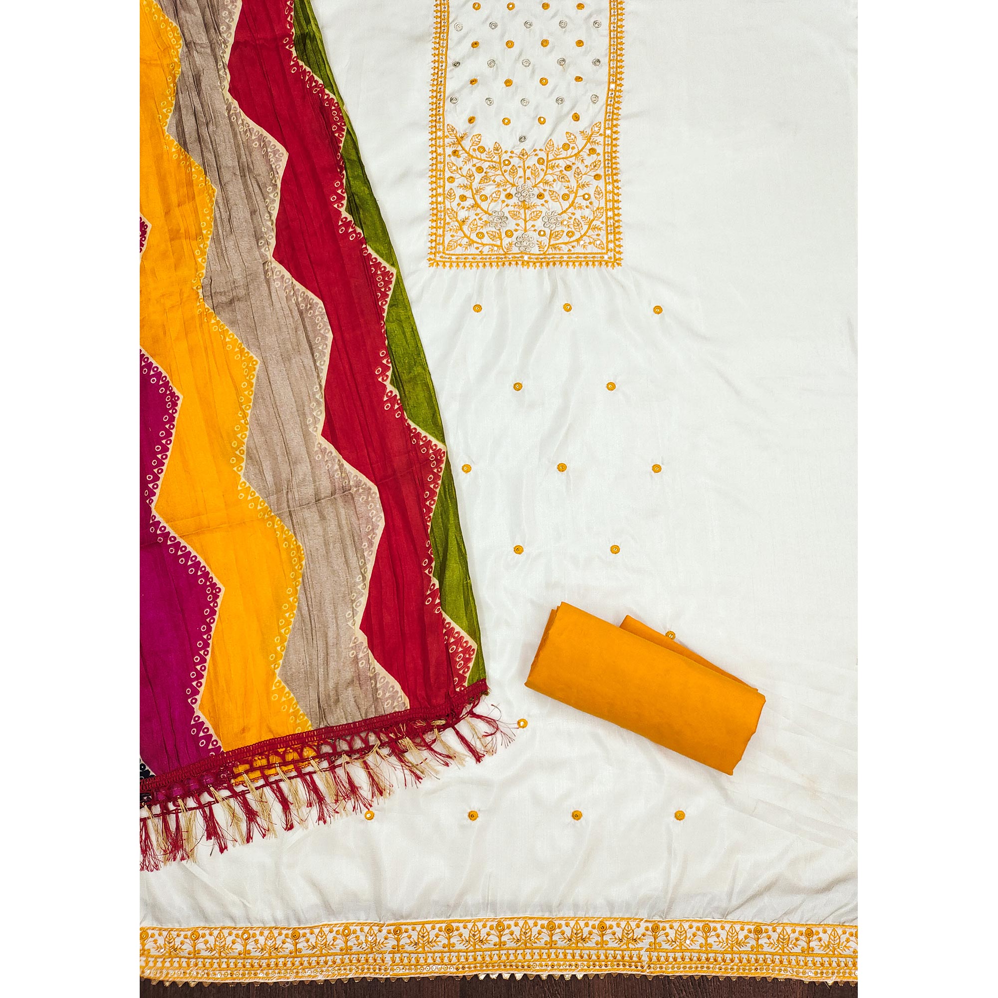 Peachmode Cream & Yellow Floral Sequins Embroidered Cotton Silk Dress Material - view 3