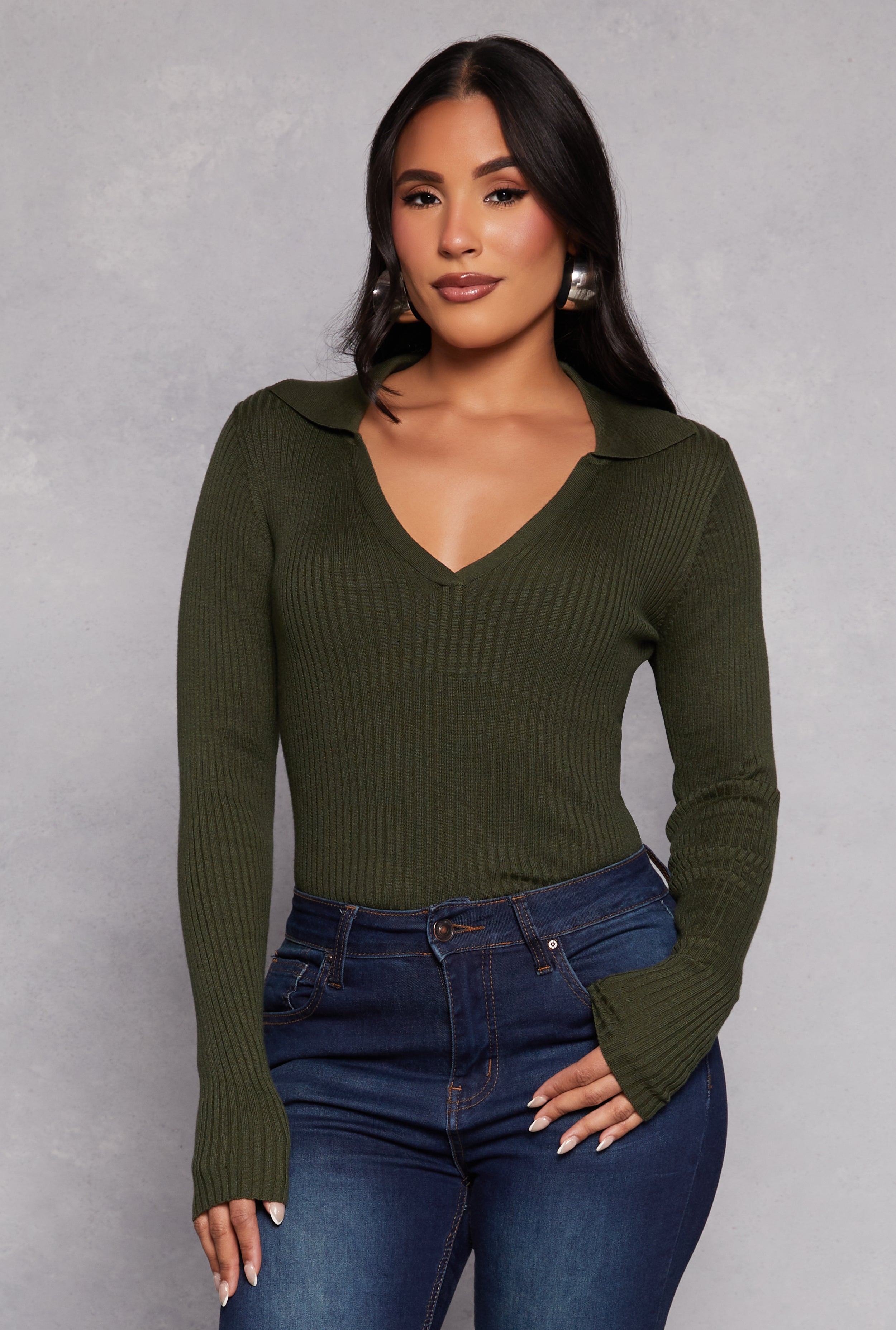 Rainbow Shops Ribbed Knit Johnny Collar Sweater