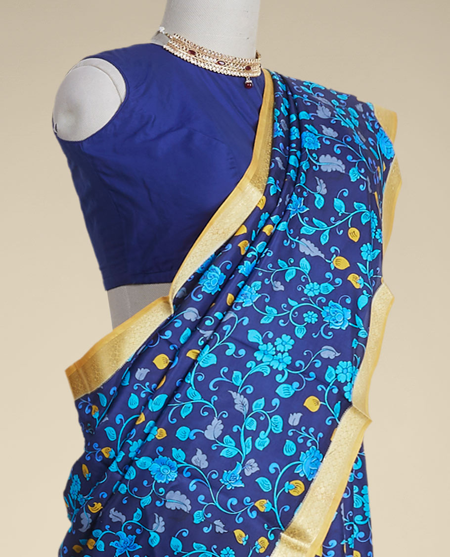 Pothys Blue floral vine design printed silk saree with contrast intricate zari border