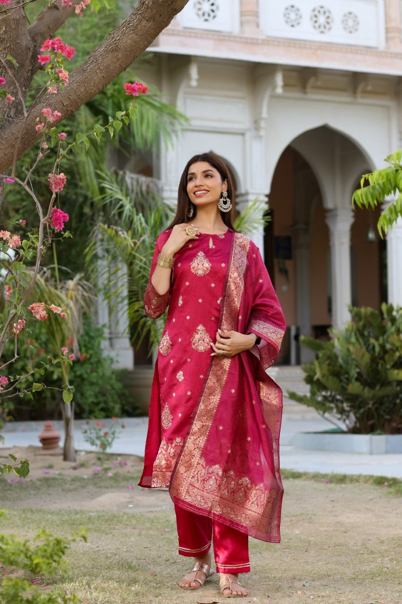 AHIKA Women Maroon Woven Design Kurta Trousers With Dupatta PKSKD1193 - view 2