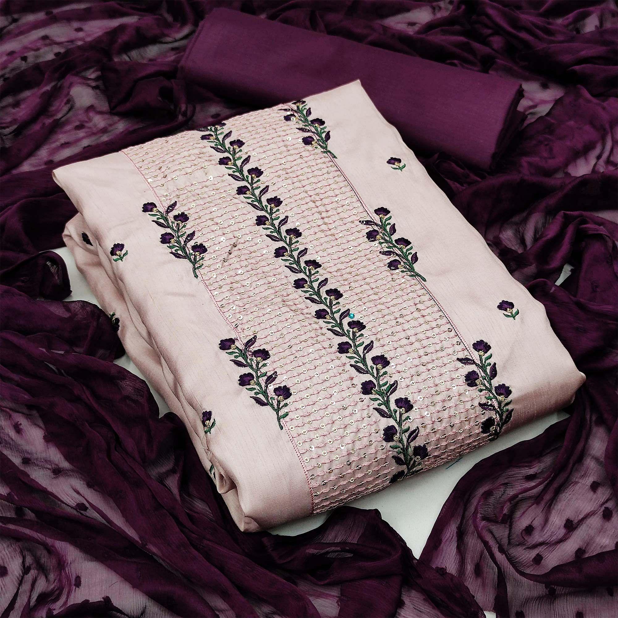 Peachmode Light Pink Casual Floral Embroidered Silk Dress Material