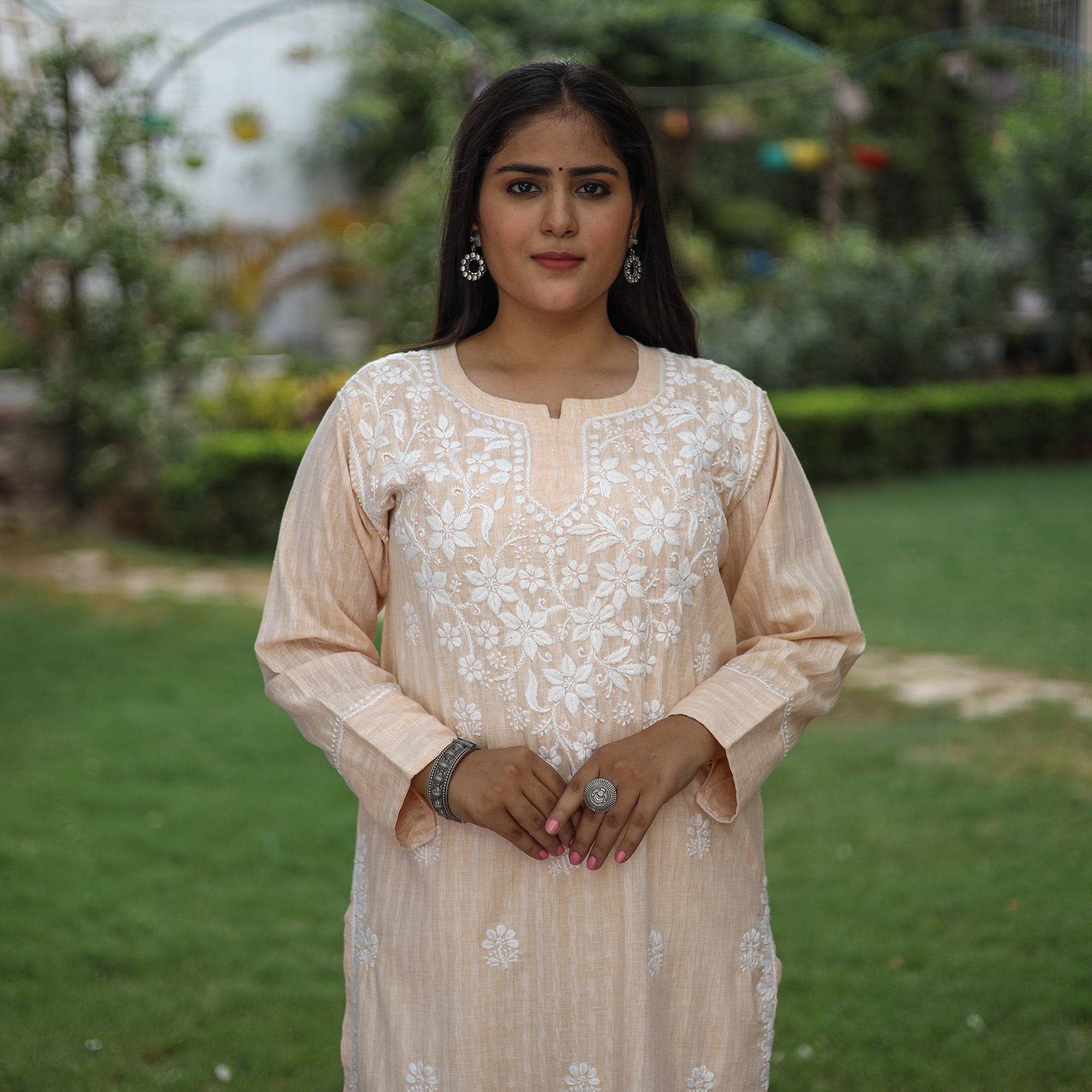 MEHARKI CHIKAN Beige Chikankari Hand Embroidered Cotton Long Kurta