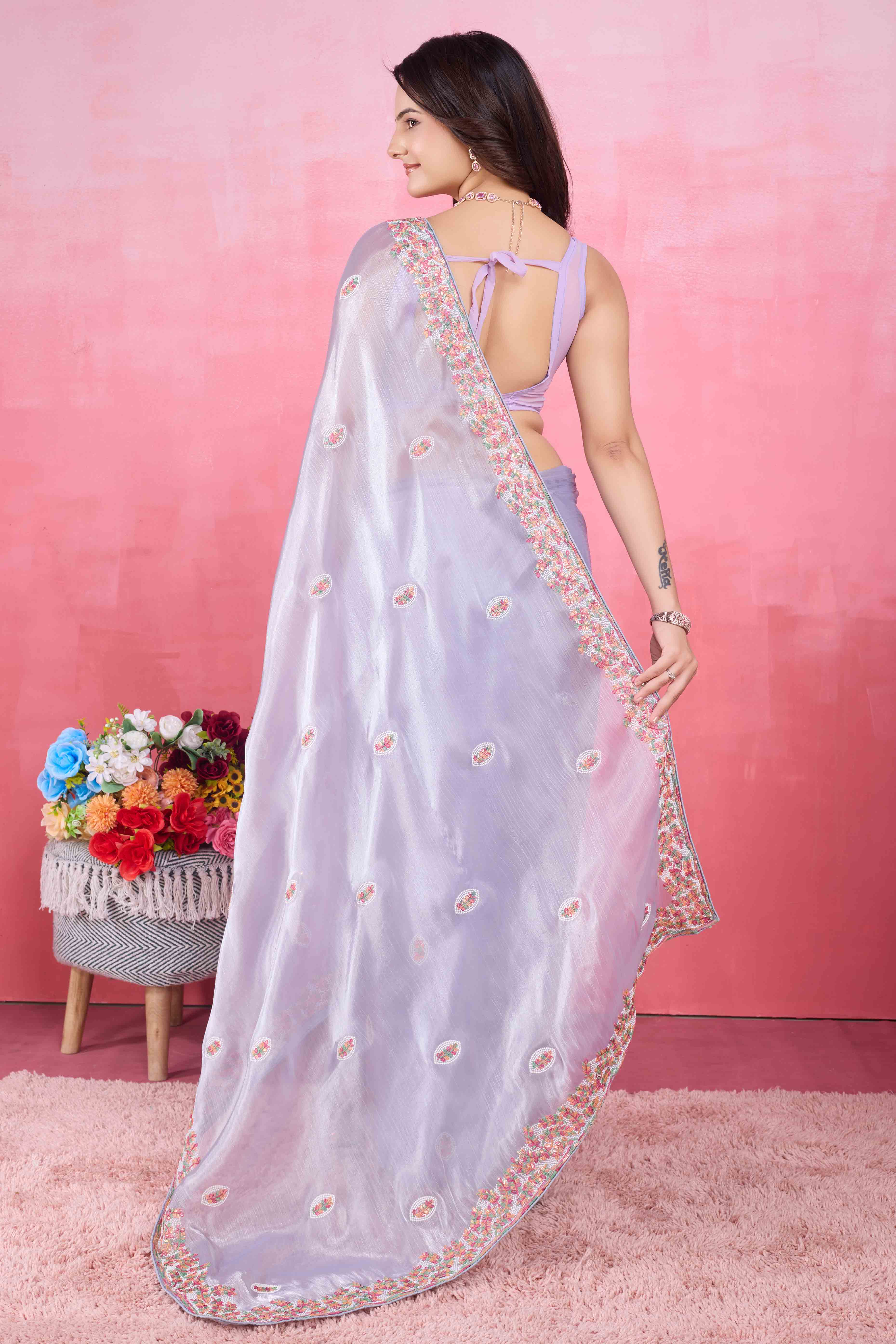 Peachmode Lavender Floral Sequins Embroidered Mulberry Silk Saree - view 3