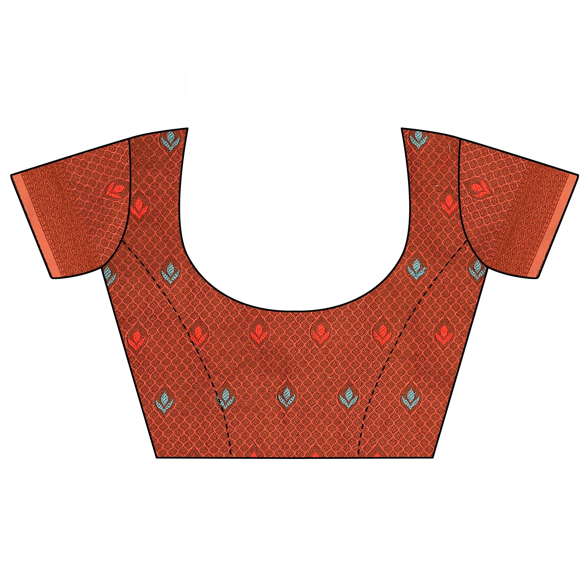 Peachmode Light Orange Festive Wear Woven With Meena Butta Rich Pallu Cotton Saree - view 5